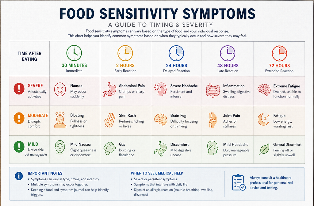 Visual comparison chart showing common food sensitivity symptoms organized by severity and timing, with clock icons