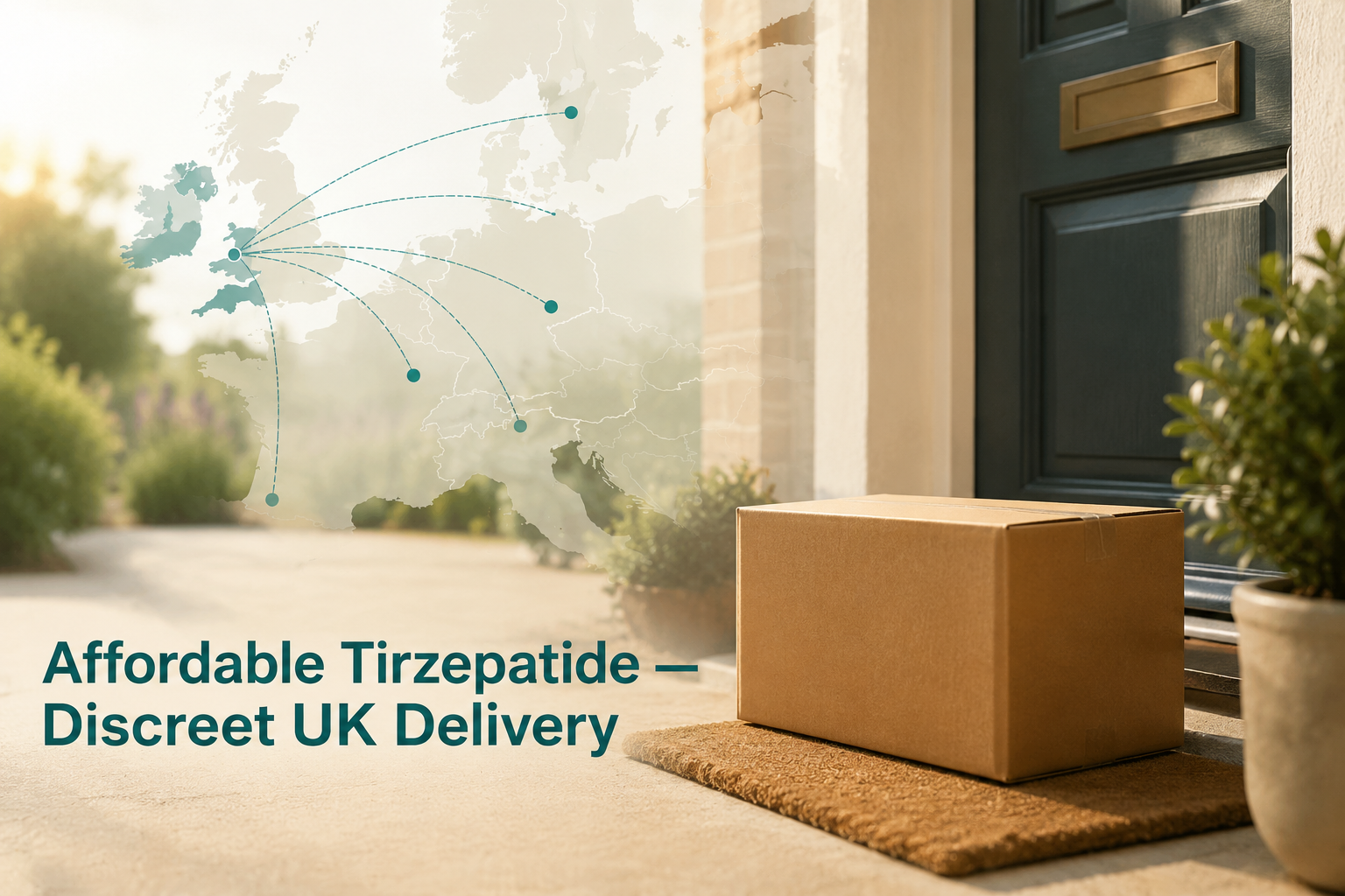 Detailed () concept illustration depicting a simple, reassuring home delivery scene: a plain unbranded brown cardboard box
