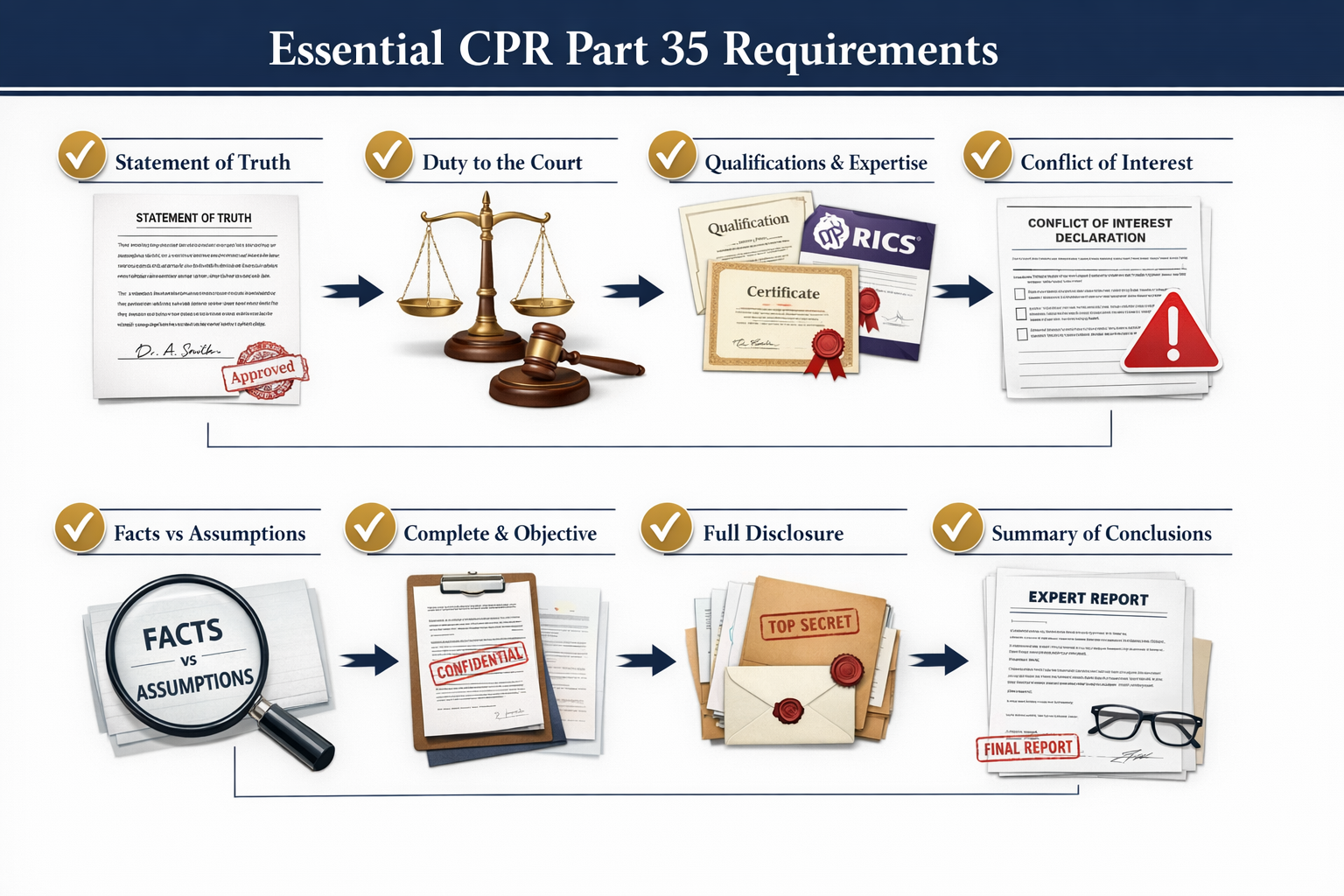 () detailed infographic showing CPR Part 35 compliance checklist with numbered sections 1-8, each with checkmark icons in