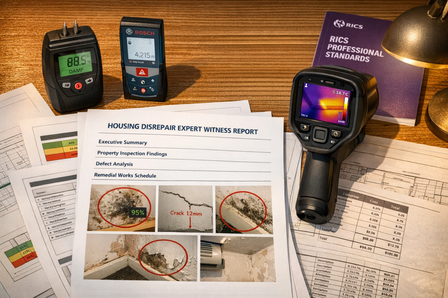 () close-up photograph of comprehensive housing disrepair expert witness report on desk with visible section headers: