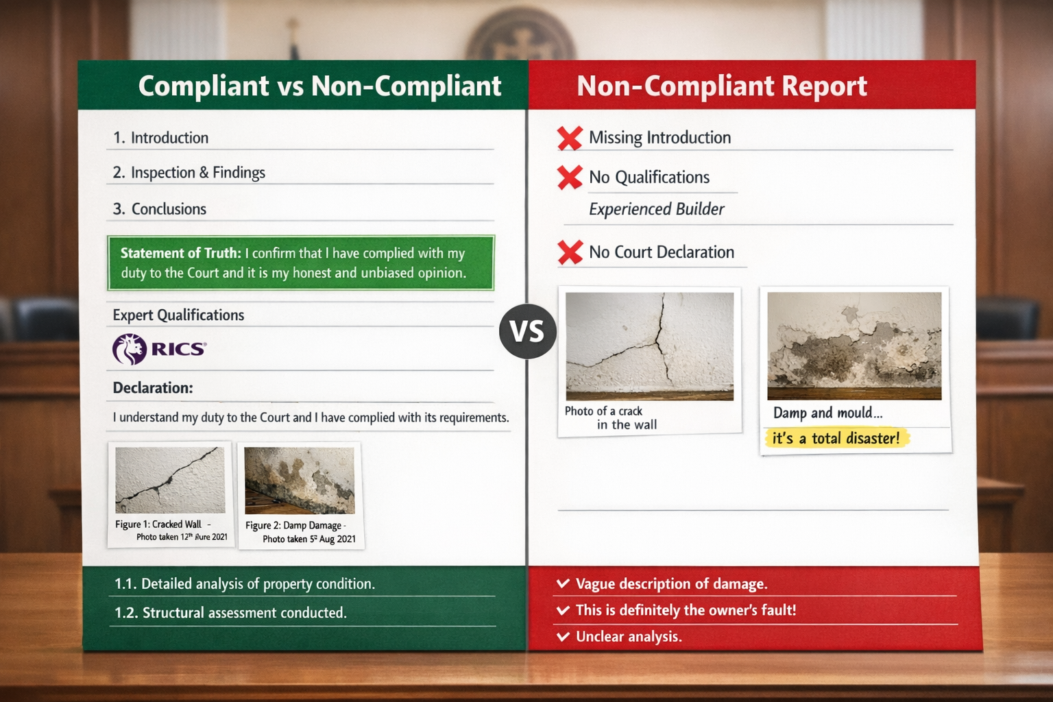 () split-screen comparison showing 'Compliant vs Non-Compliant' expert witness reports side by side. Left side (compliant):