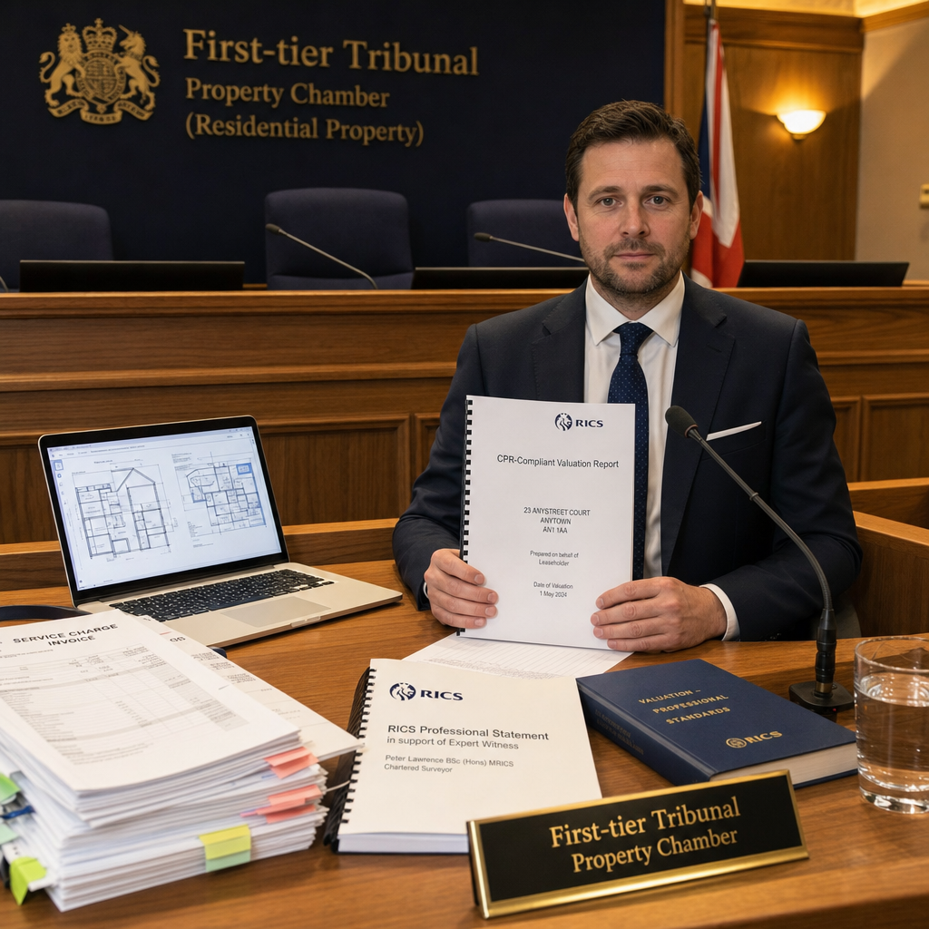 Wide-angle editorial photograph of a formal tribunal hearing room with a chartered surveyor expert witness seated at a