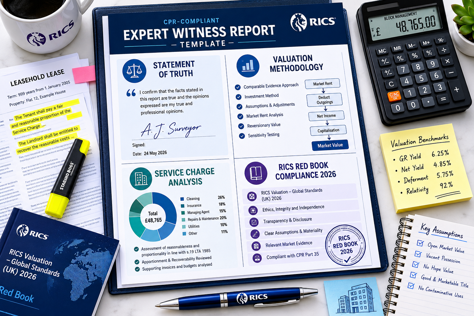 Flat-lay infographic style image showing a structured CPR-compliant expert witness report template spread across a white