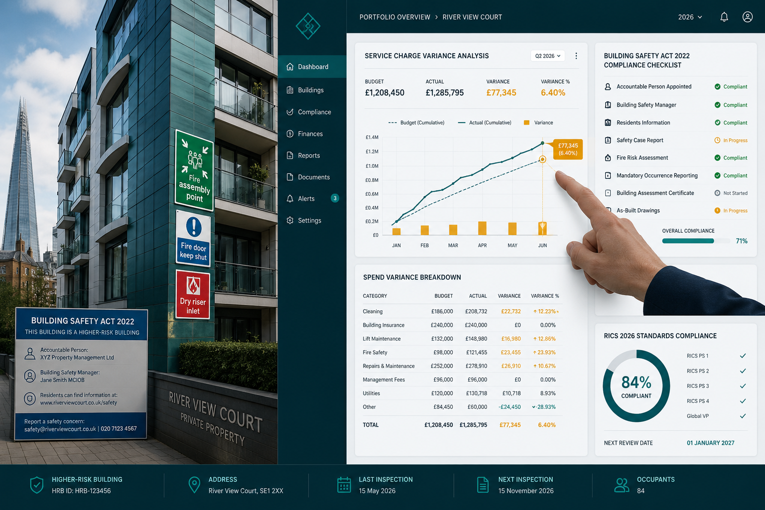 Dynamic split-screen composition showing on the left a modern London leasehold apartment block exterior with visible