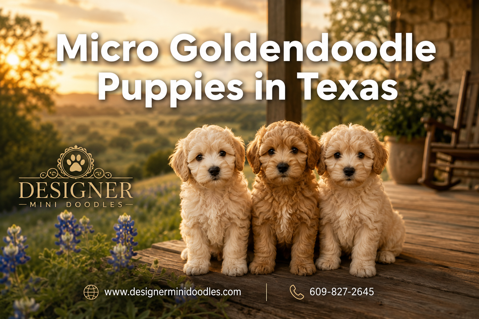 Professional () magazine-cover hero image featuring 'Micro Goldendoodle Puppies in Texas' in white with subtle drop ,