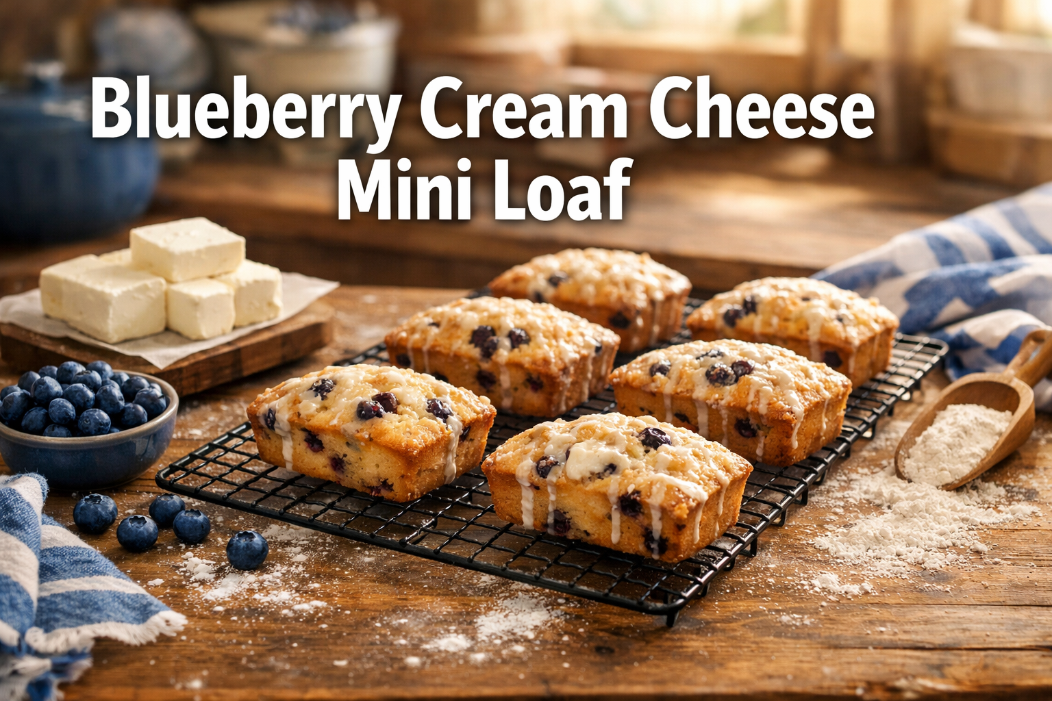 Professional landscape hero image (1536x1024) featuring bold text overlay 'Blueberry Cream Cheese Mini Loaf' in extra large 72pt white sans-