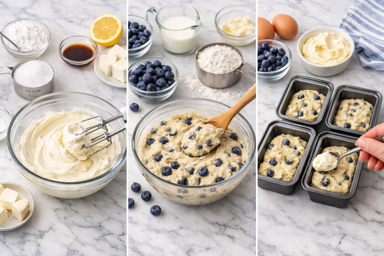 Landscape image (1536x1024) showing step-by-step baking process for blueberry cream cheese mini loaves. Split composition displaying mixing 