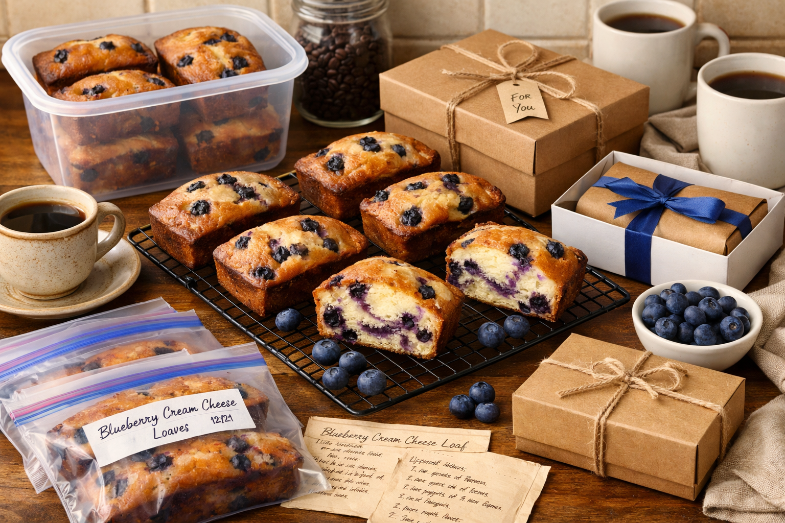 Landscape image (1536x1024) featuring perfectly baked blueberry cream cheese mini loaves on cooling racks with cross-sections showing marble