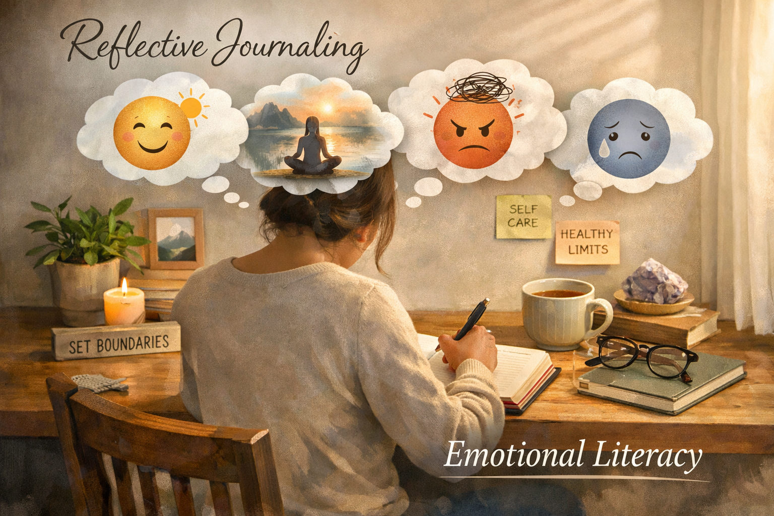Emotional Fitness: Building Emotional Strength Like Physical Strength 2 Landscape format (1536x1024) editorial image depicting a person sitting at a desk, engaging in reflective journaling with a pen and notebook