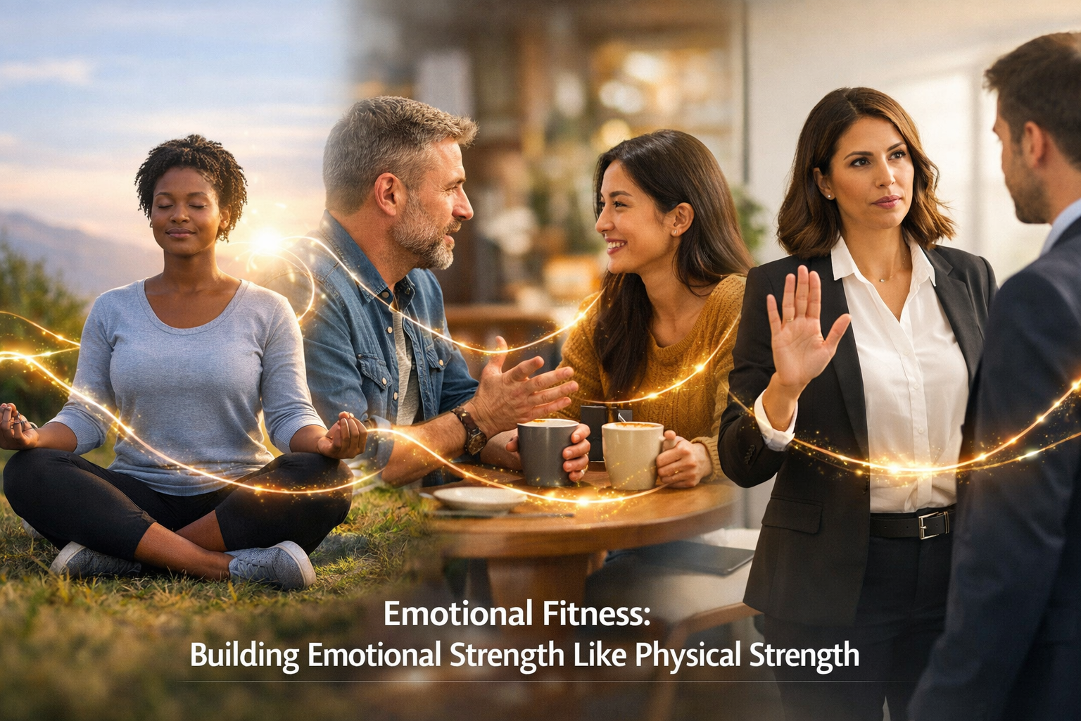 Emotional Fitness: Building Emotional Strength Like Physical Strength 3 Landscape format (1536x1024) editorial image showcasing diverse individuals engaging in various activities that contribute to emotional resi