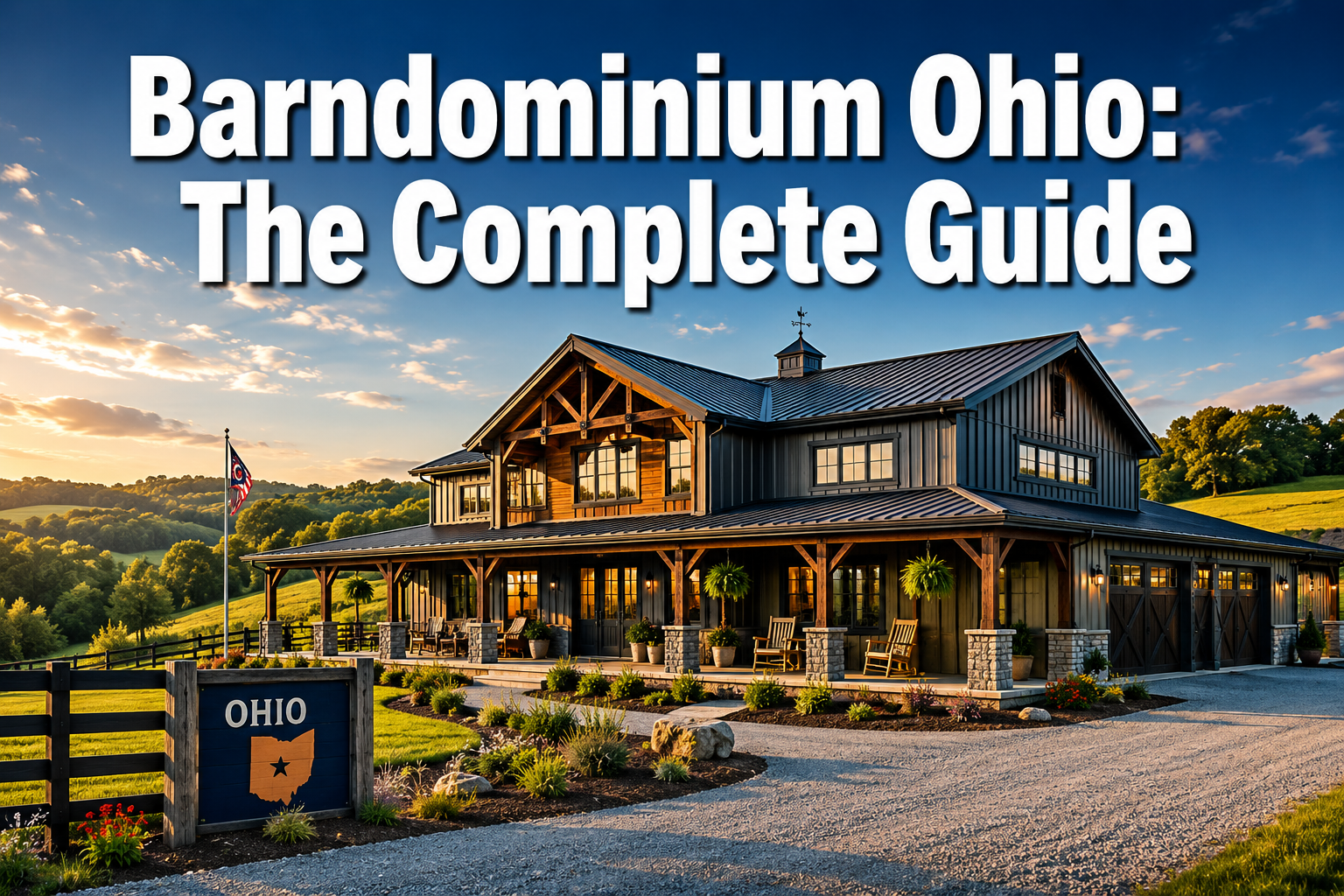 Professional () hero image with : 'Barndominium Ohio: The Complete Guide' in extra large white with dark drop , centered in