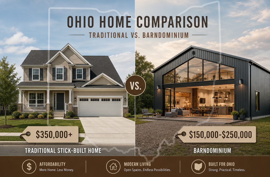 Detailed () editorial infographic-style image showing a split-screen comparison: on the left, a traditional Ohio stick-built
