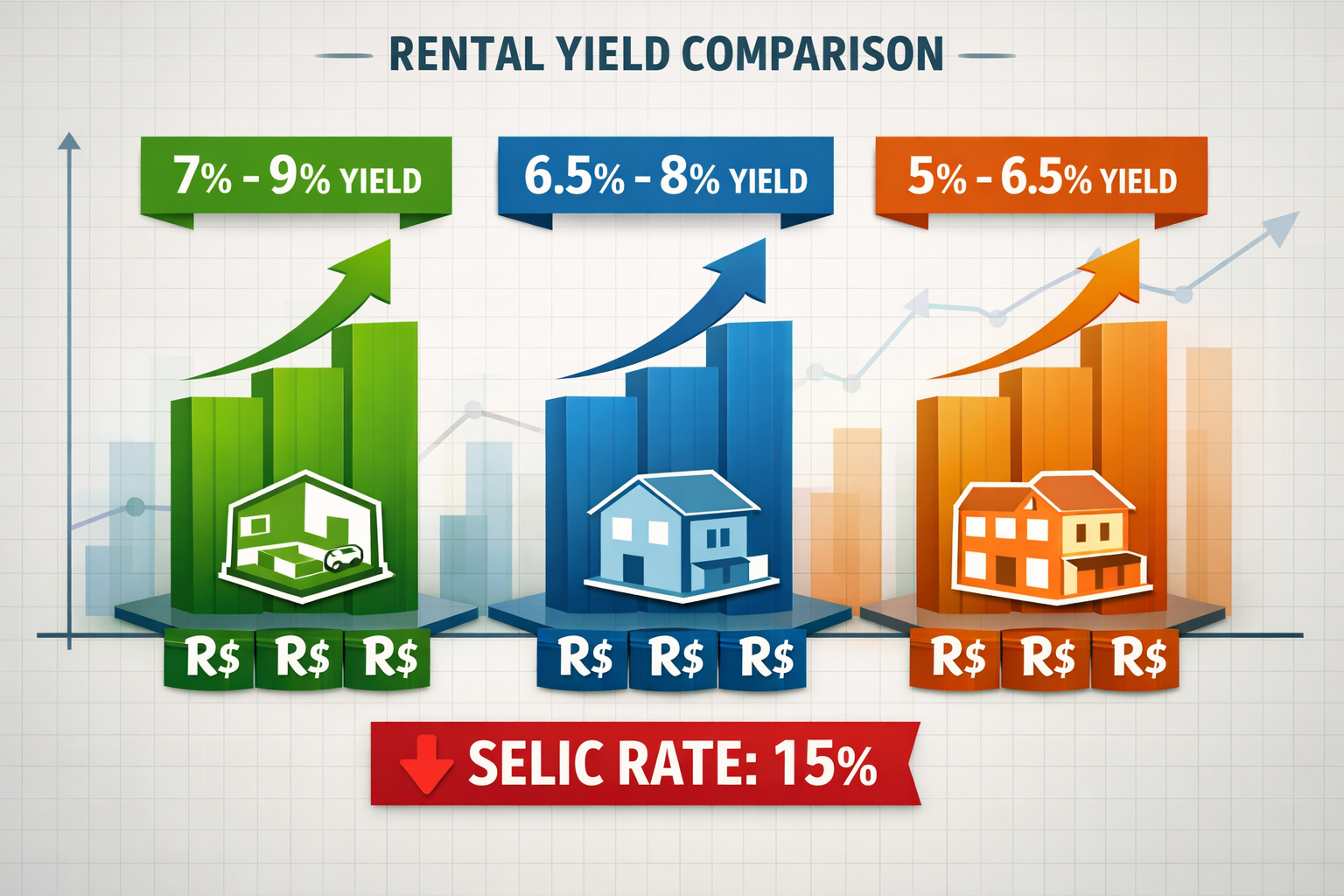 () detailed infographic showing rental yield comparison chart with three distinct columns representing studio apartments