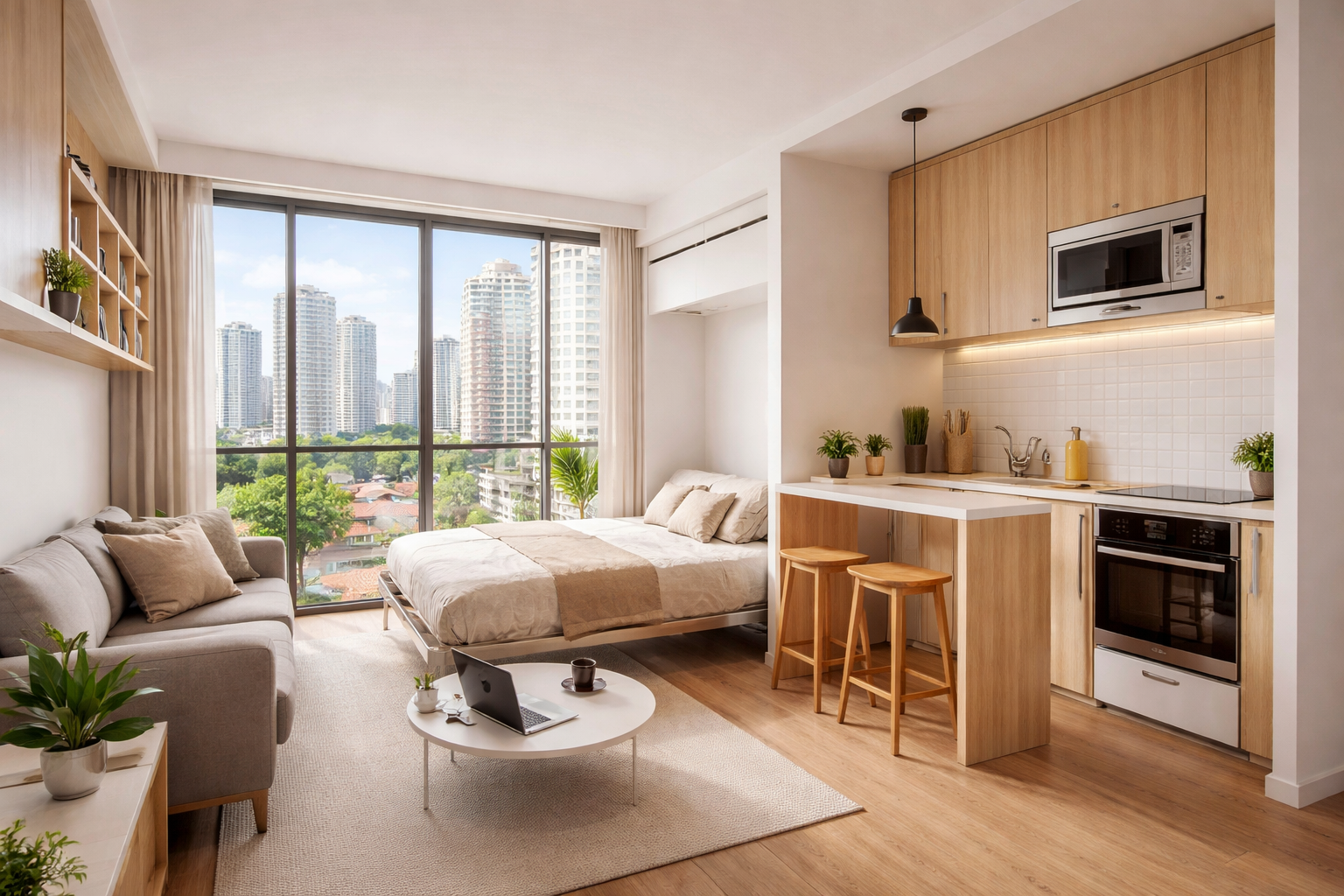 () interior architectural photograph of modern compact studio apartment in Brazilian city, showcasing efficient space design