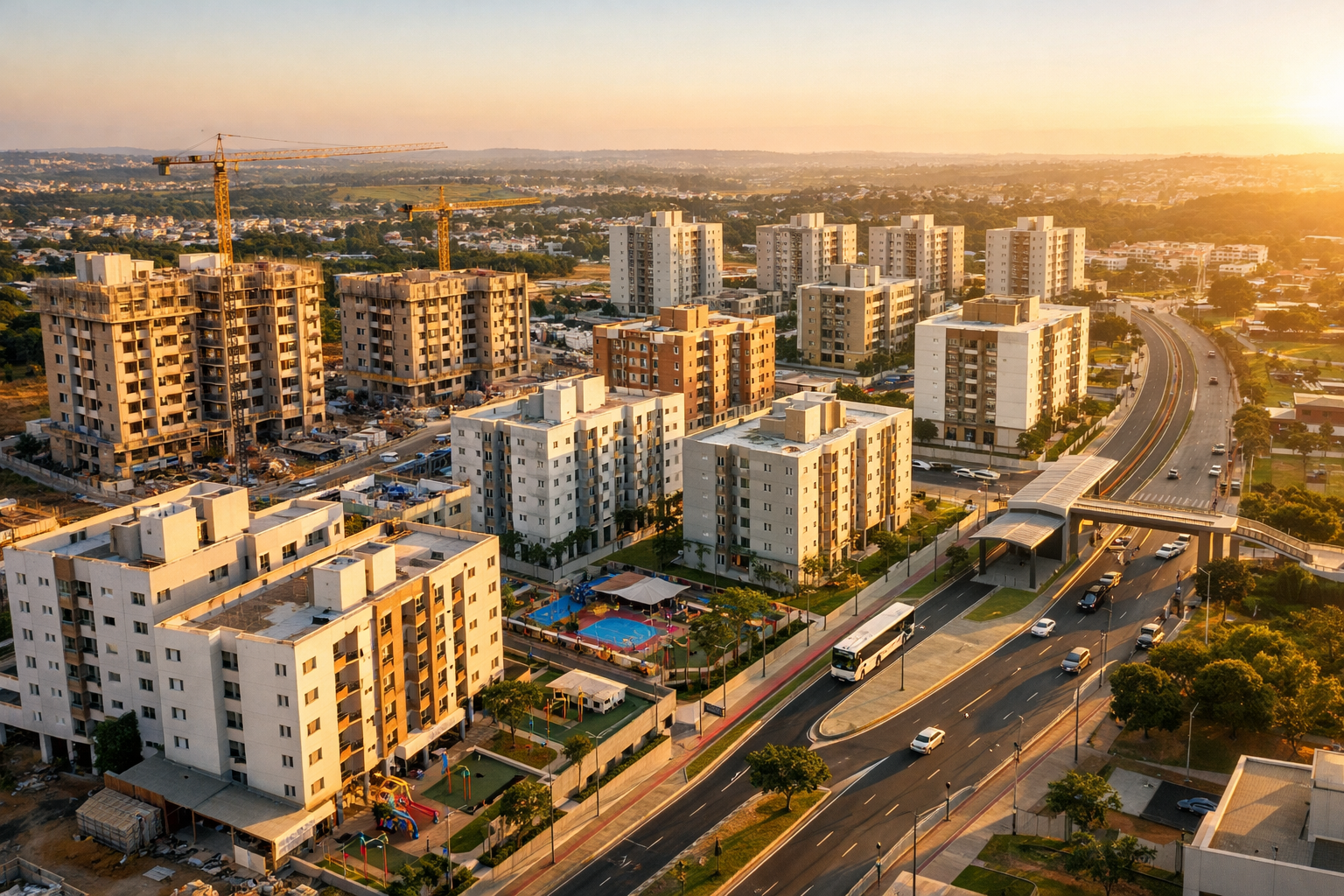 () aerial drone photograph of emerging Brazilian urban periphery neighborhood showing new residential development