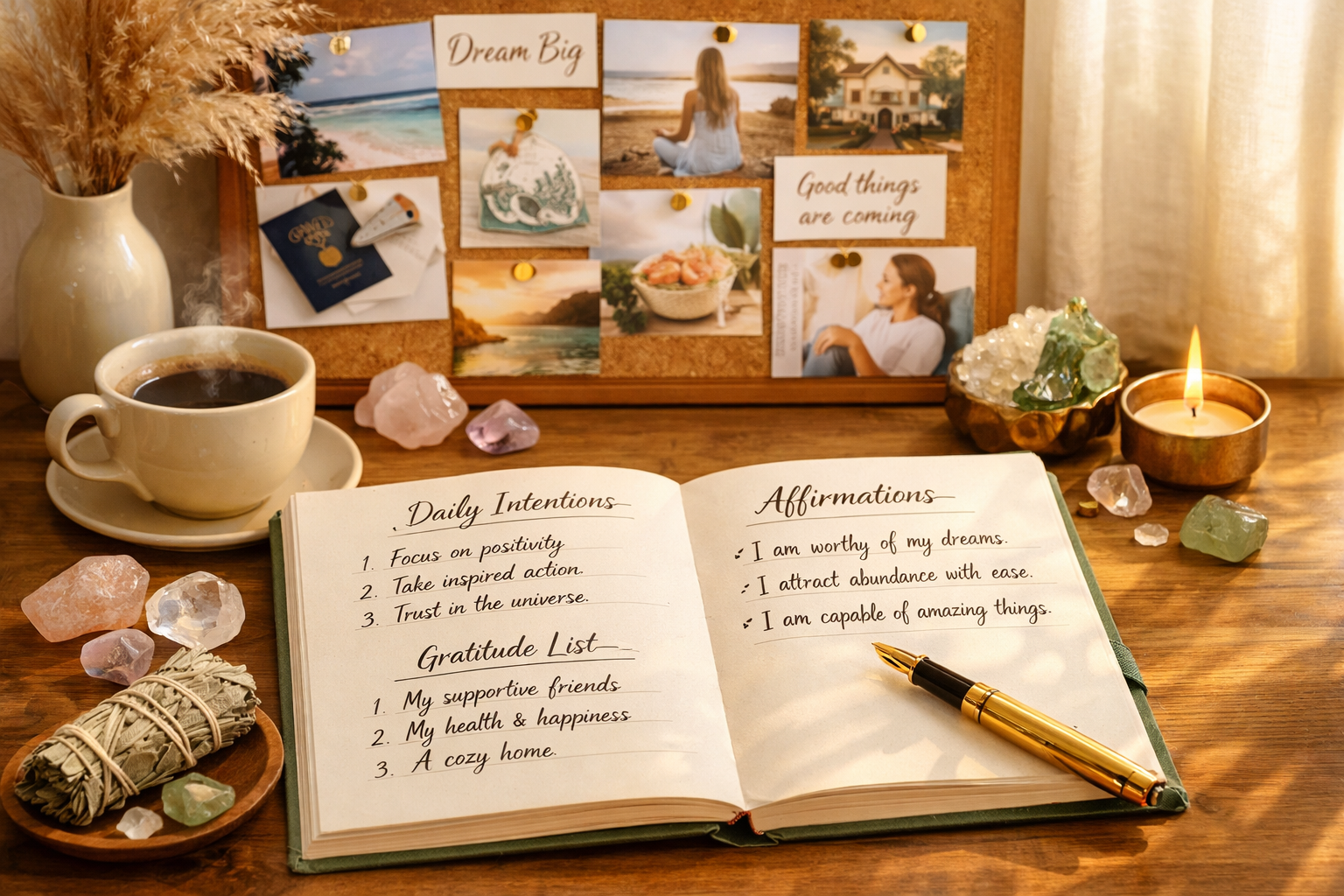 () image showing beautifully arranged manifestation journaling setup on wooden desk surface. Open journal with handwritten