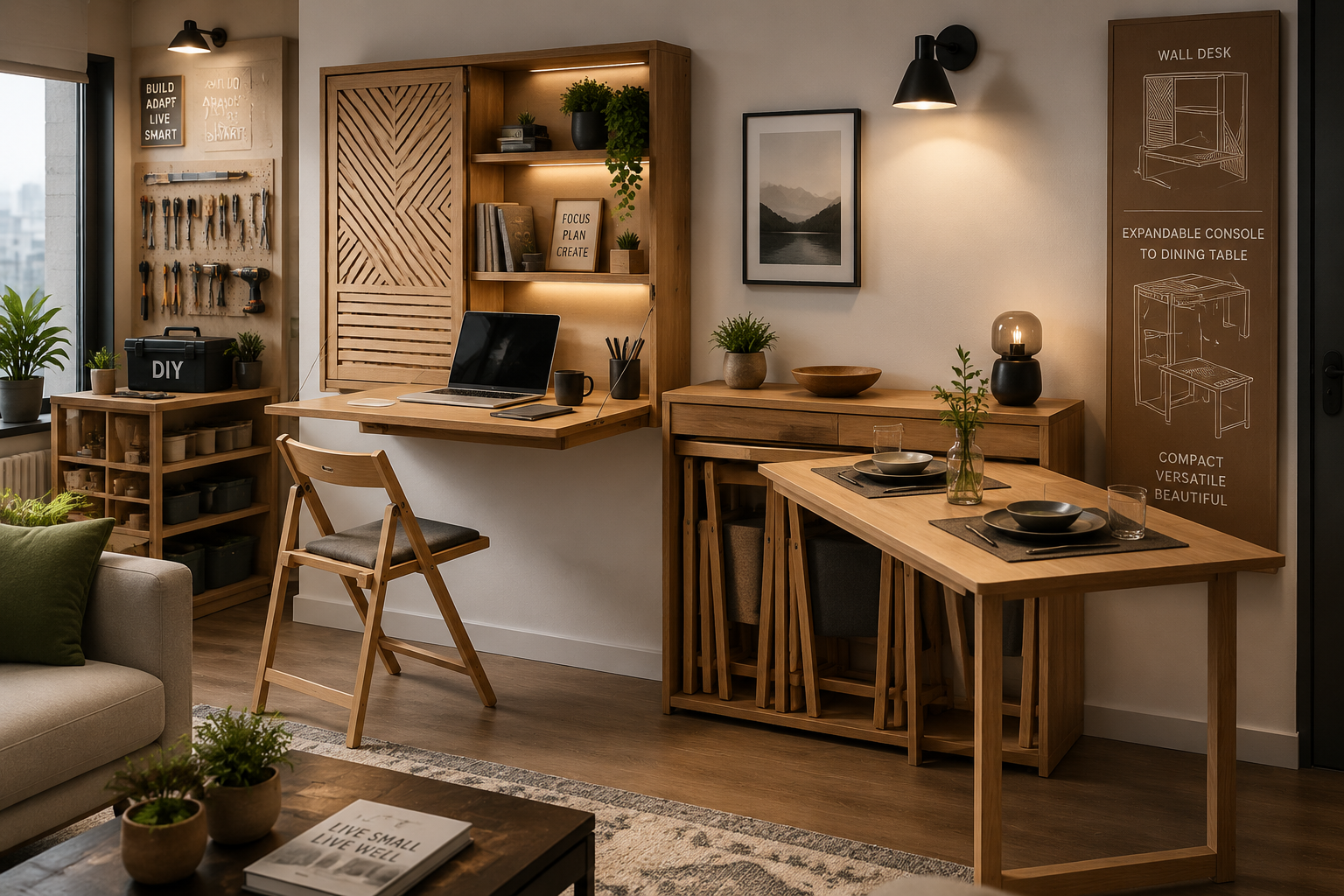 () image illustrating a stylish, compact apartment living area transformed by DIY foldable wooden furniture. A sleek,