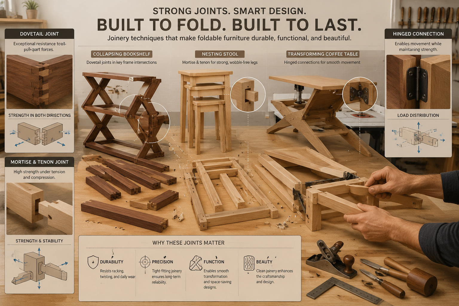 () image showcasing various wood joinery techniques crucial for durable foldable furniture. Close-ups of dovetail joints,
