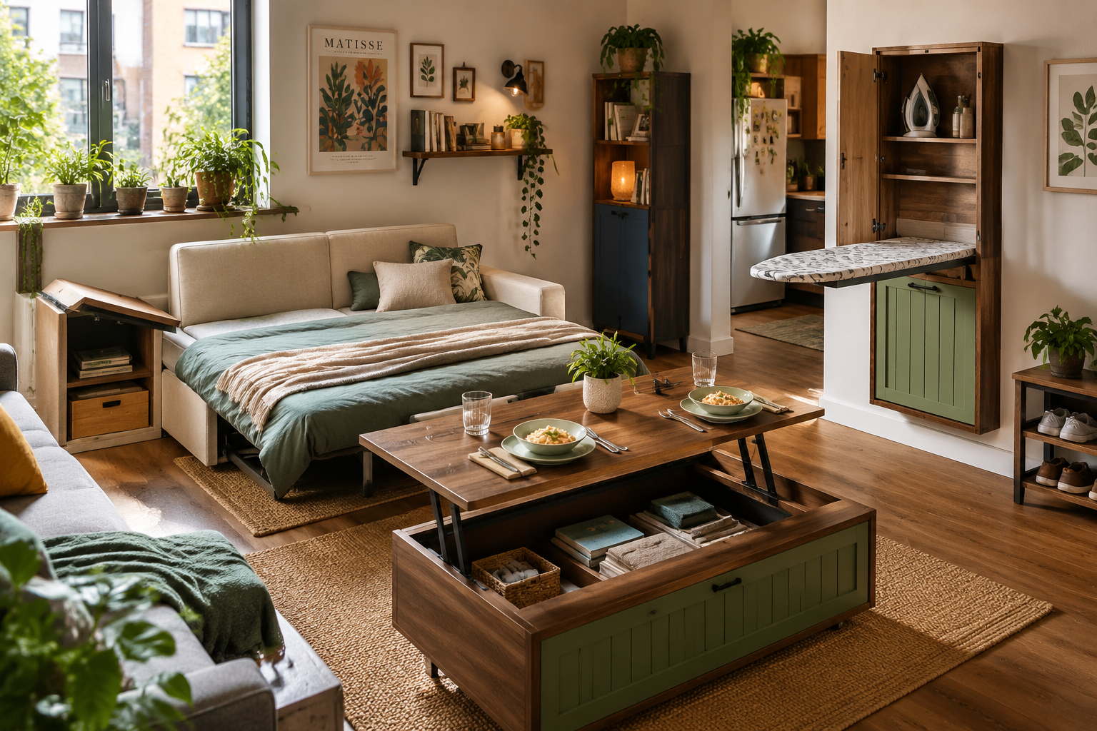 () image depicting the practical application and aesthetic appeal of finished DIY foldable and collapsible furniture in a
