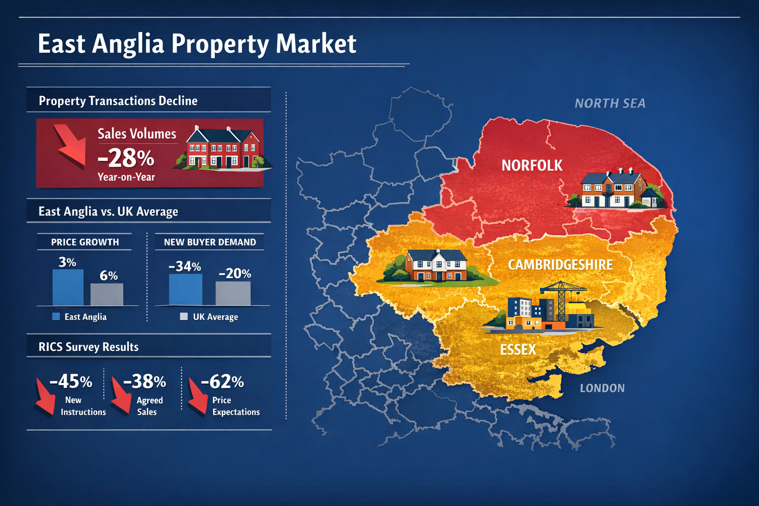 () detailed infographic showing East Anglia regional map with color-coded heat zones indicating property market performance