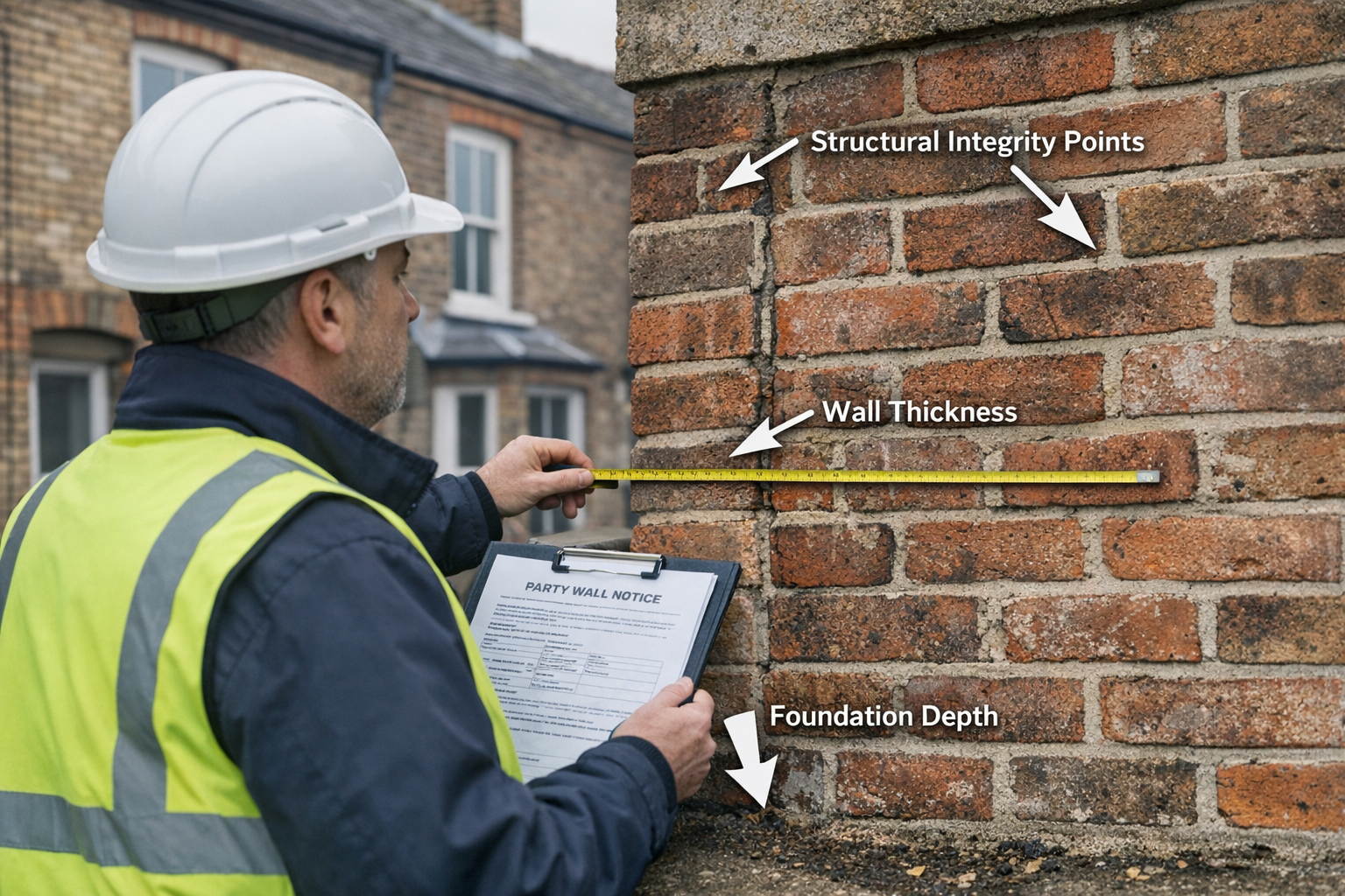 () close-up photograph of RICS-accredited surveyor examining shared party wall between two Victorian terraced houses in East