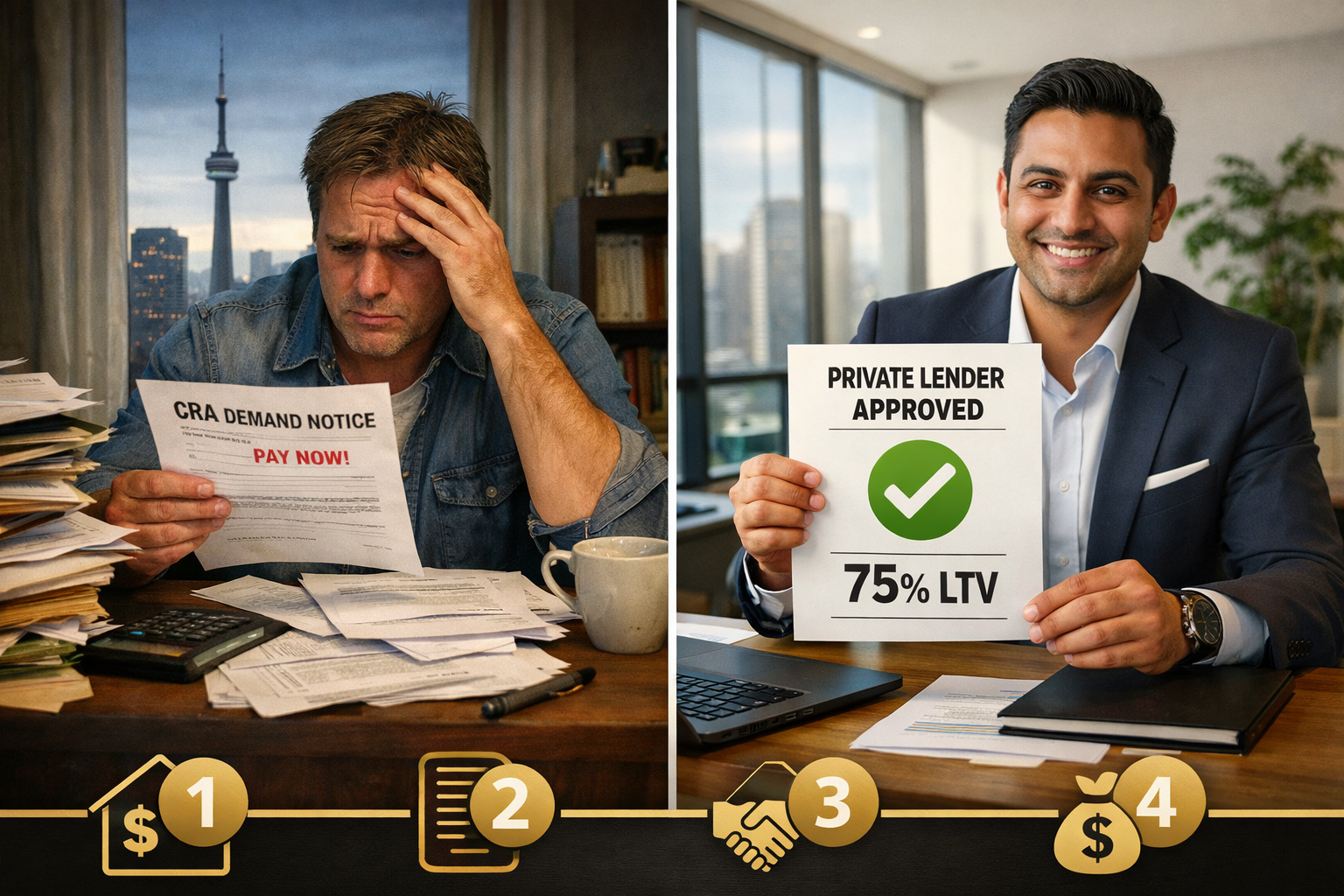 Split-screen landscape image: left side shows a stressed Toronto homeowner at a desk reviewing CRA demand letter with