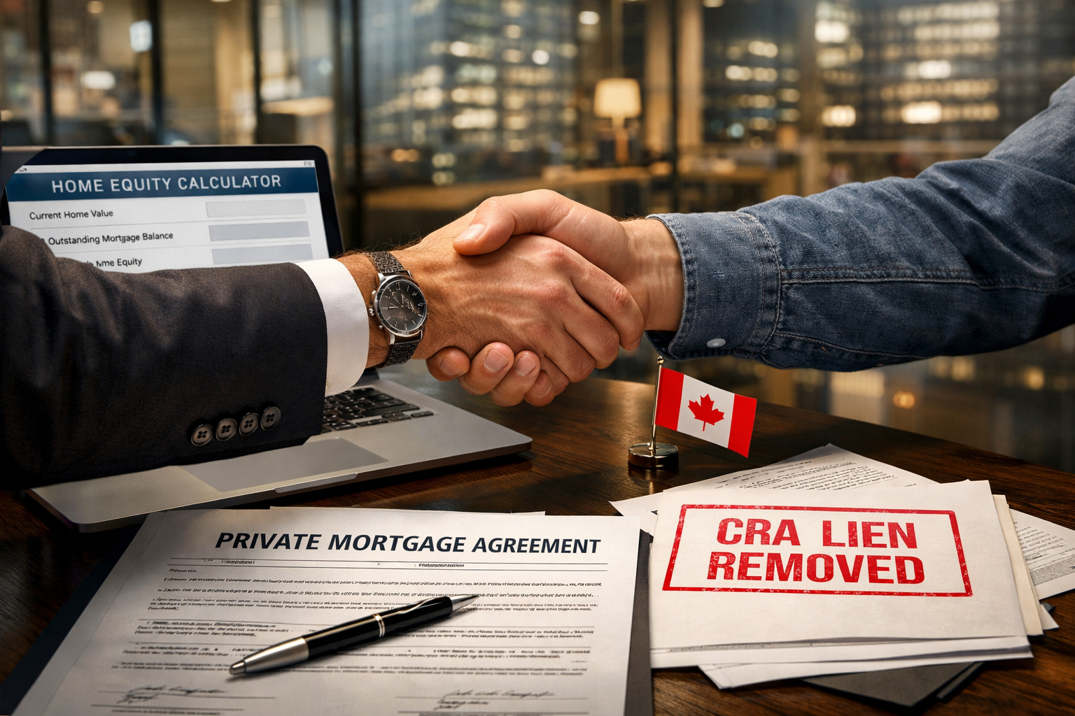 Close-up of a professional mortgage broker and Toronto homeowner shaking hands across a desk with a private mortgage
