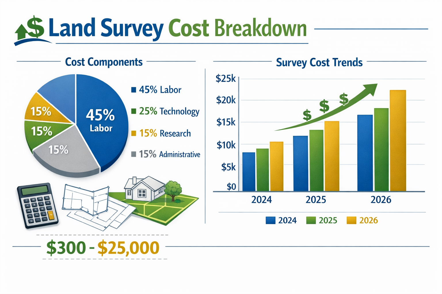 Landscape format (1536x1024) detailed infographic showing land survey cost breakdown chart with bar graphs comparing 2024, 2025, and 2026 pr