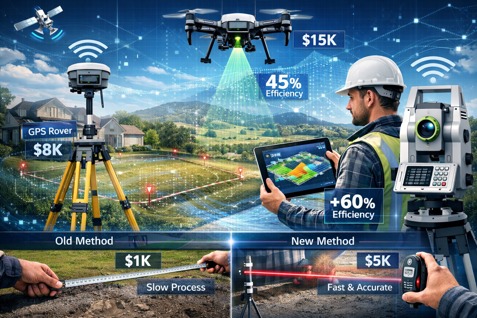 Landscape format (1536x1024) technology showcase illustration featuring modern land surveying equipment including GPS rover on tripod, drone