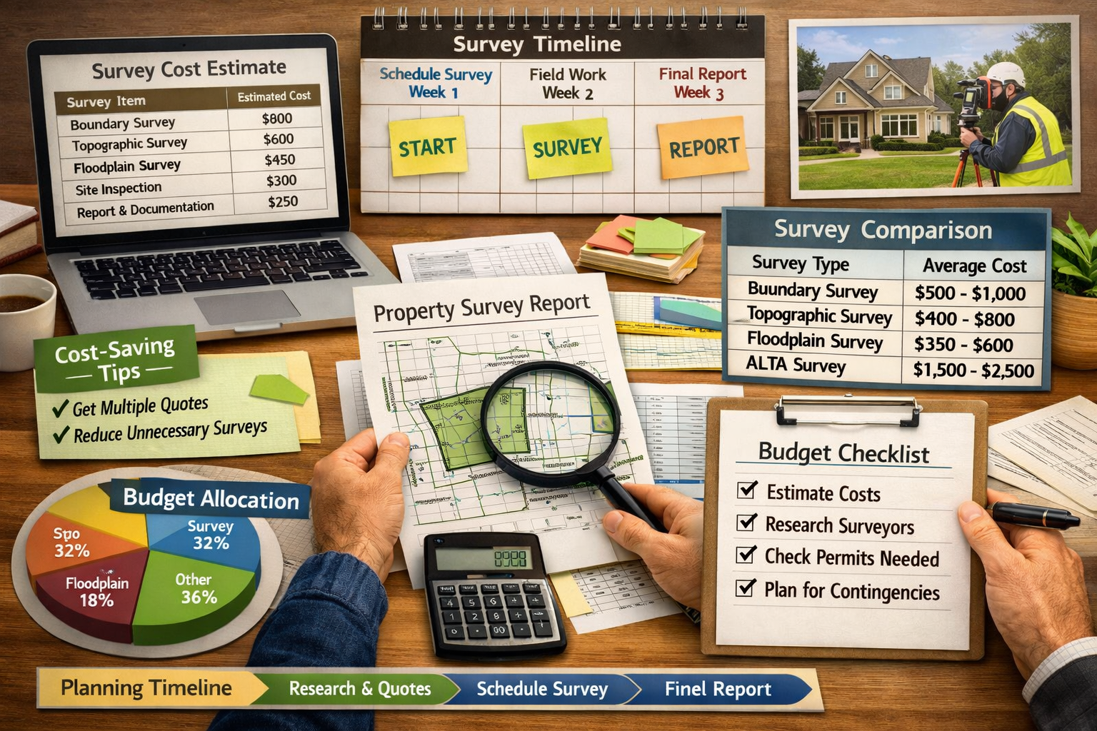 Landscape format (1536x1024) budget planning concept image showing property owner reviewing survey documents at desk with calculator, cost e