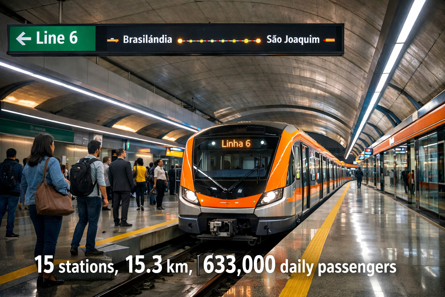 Detailed () image showing modern driverless metro train in sleek orange and silver livery entering underground station
