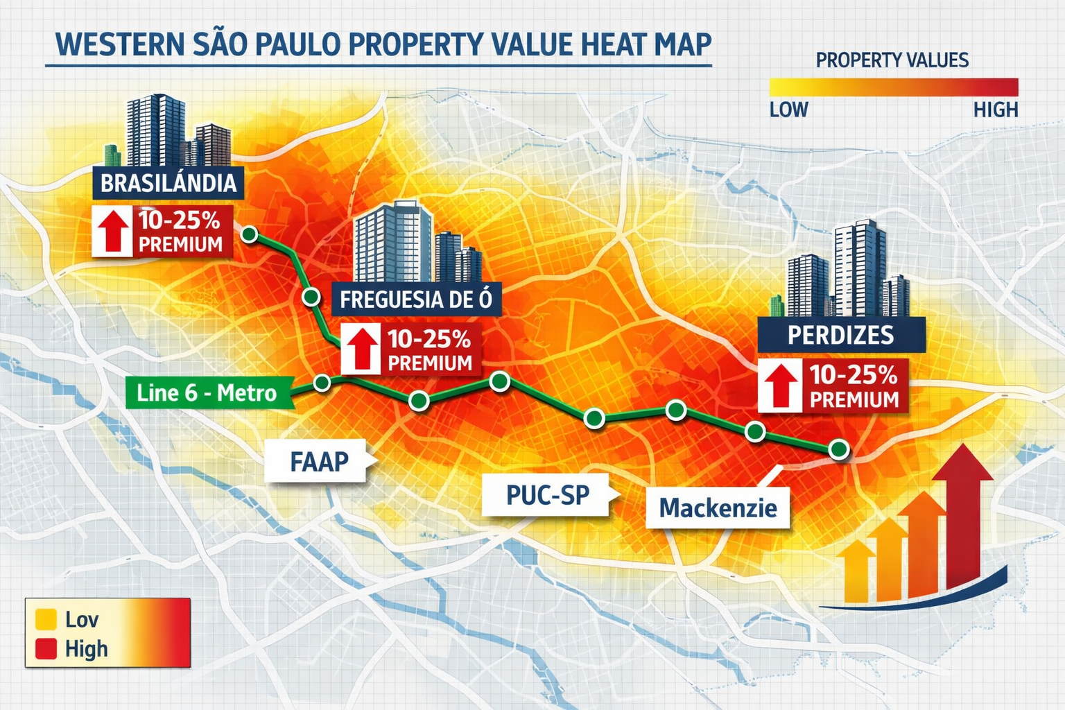 Detailed () infographic-style visualization showing western São Paulo neighborhood map with property value heat map , color