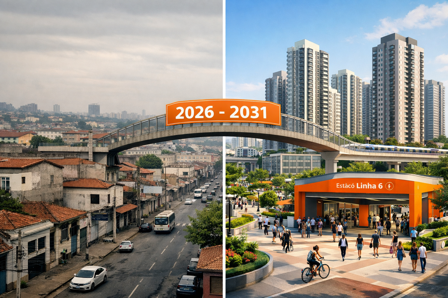 Detailed () split-screen comparison image showing 'before and after' Line 6 development: left side depicts older western São