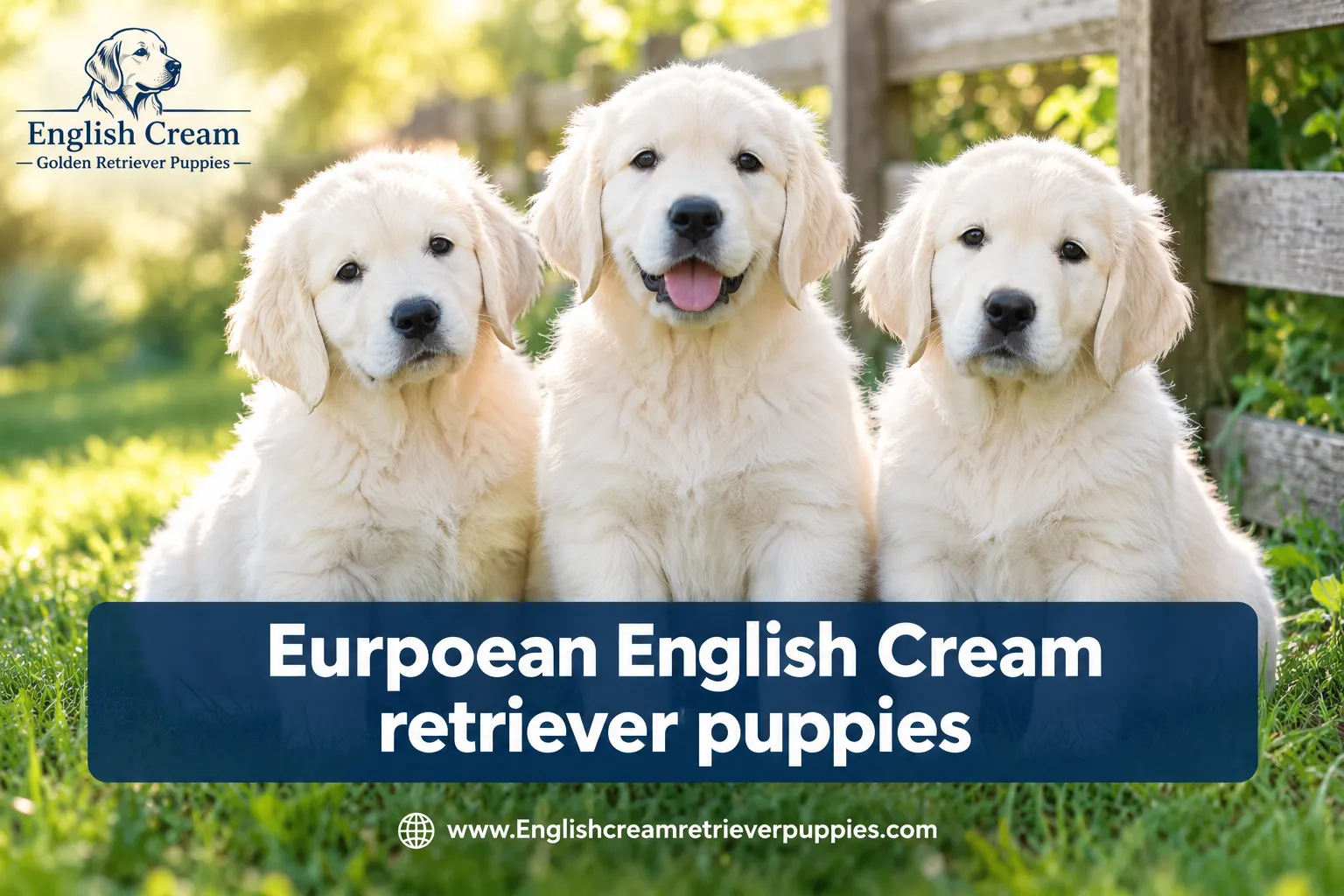 Professional () editorial hero image with SHORT reading exactly 'Eurpoean English Cream retriever puppies' in crisp white