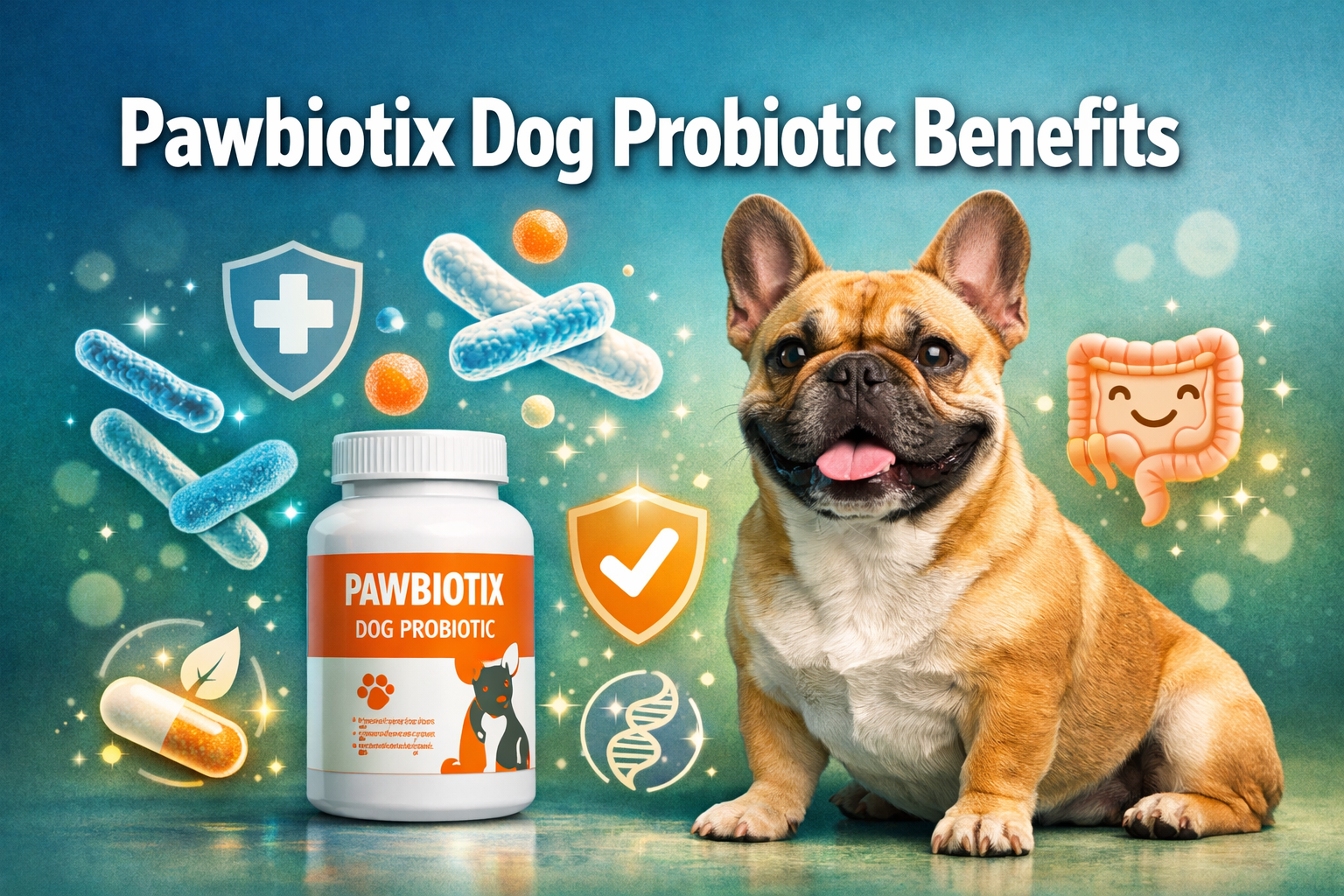 Professional landscape format (1536x1024) hero image featuring bold text overlay 'Pawbiotix Dog Probiotic Benefits' in extra large 72pt whit