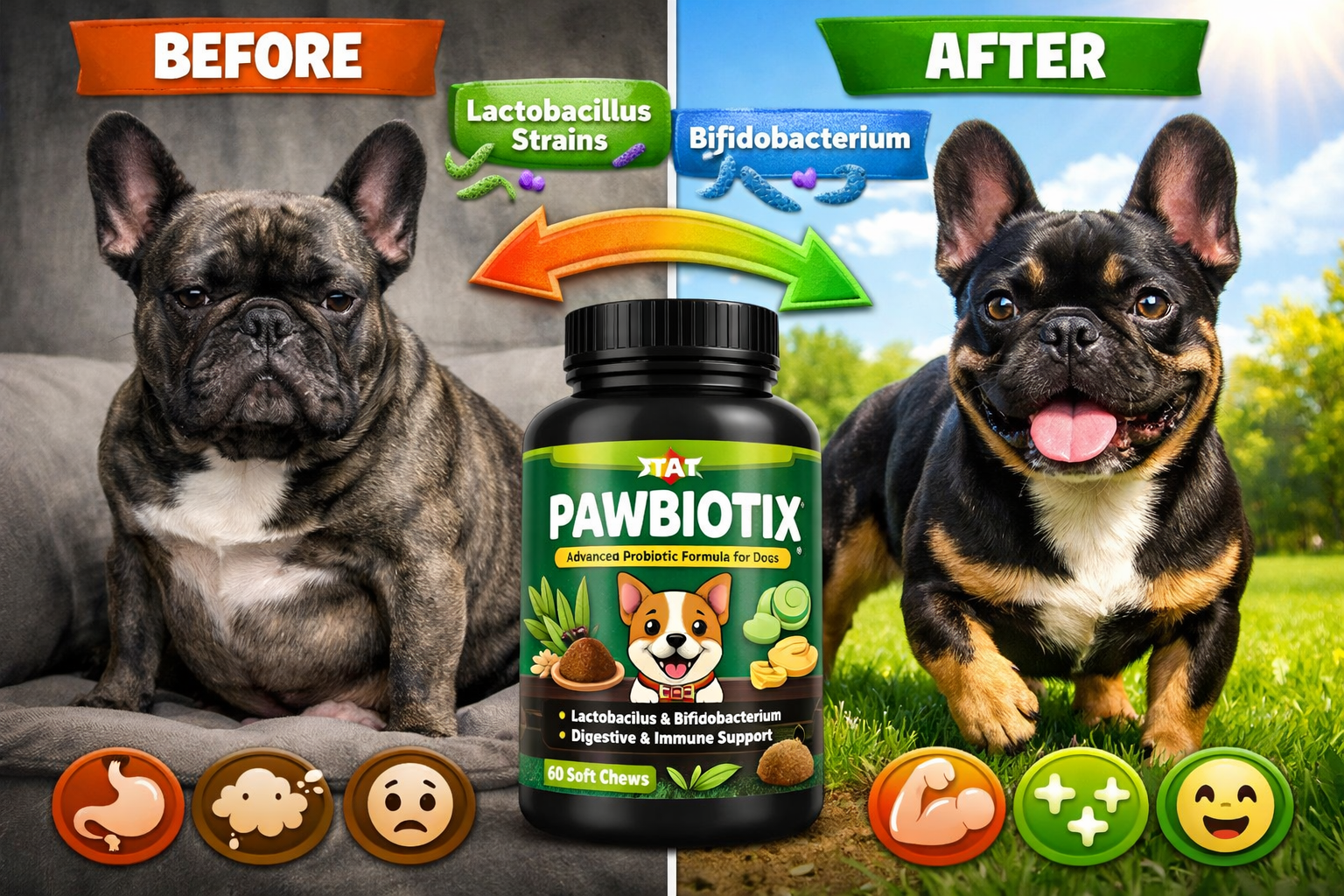 Portrait format (1024x1536) split-screen comparison showing 'Before' French Bulldog with digestive issues (bloating, discomfort) versus 'Aft