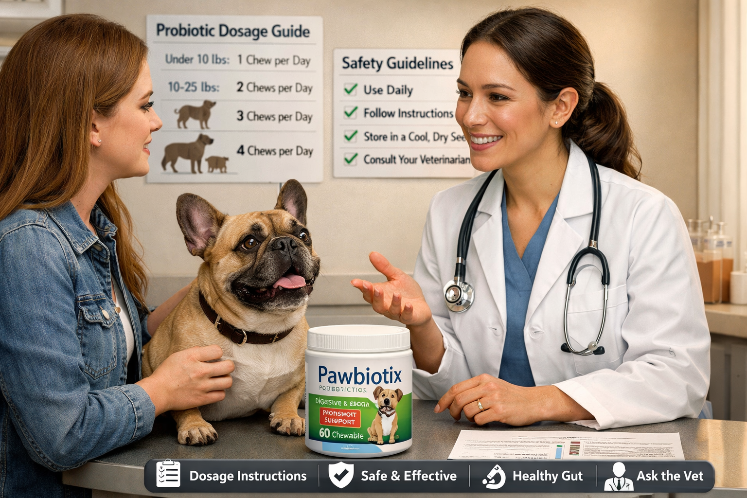 Portrait format (1024x1536) veterinarian consultation scene with French Bulldog owner discussing probiotic supplementation, Pawbiotix produc