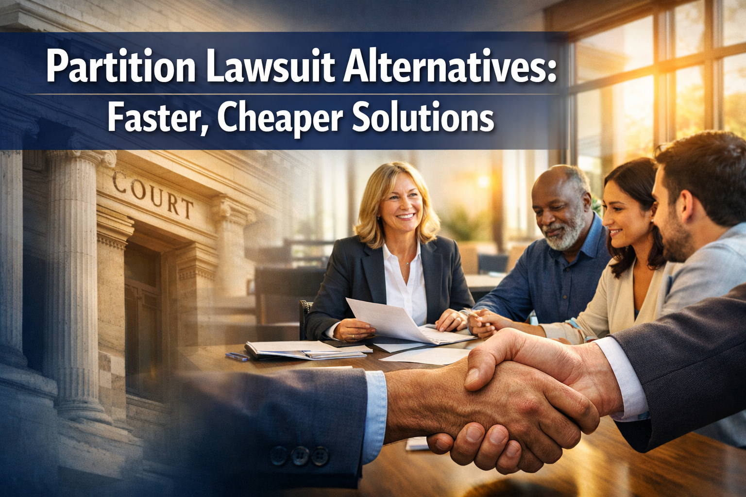 Professional landscape format (1536x1024) hero image featuring bold text overlay 'Partition Lawsuit Alternatives: Faster, Cheaper Solutions'