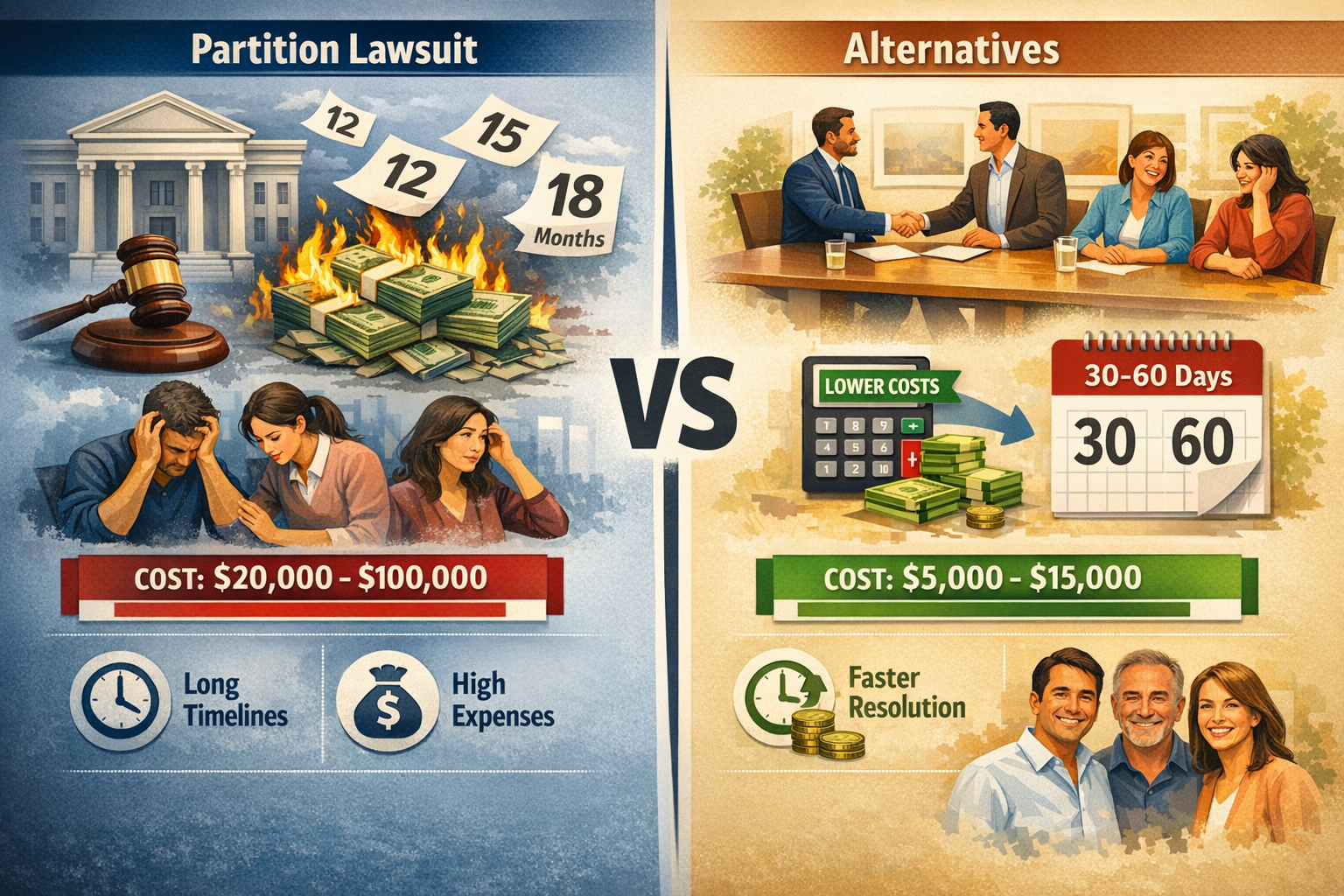 Detailed landscape format (1536x1024) image showing side-by-side comparison infographic of partition lawsuit versus alternatives. Left side 