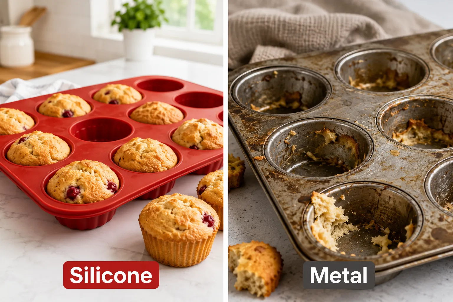 High Quality Silicone Bakeware Editorial landscape format (1536x1024) split-screen comparison image: left half shows a glossy red silicone muffin pan with freshly released golden muffins on a bright white kitchen counter under natural daylight, right half shows a dull scratched metal pan with stuck baked goods and residue. Bold label on each side in 4 words max: 'Silicone' vs 'Metal', clean sans-serif, 8% safe margins. Warm natural kitchen lighting, Pinterest-worthy composition, high contrast, no tables or pricing grids.
High Quality Silicone Bakeware
