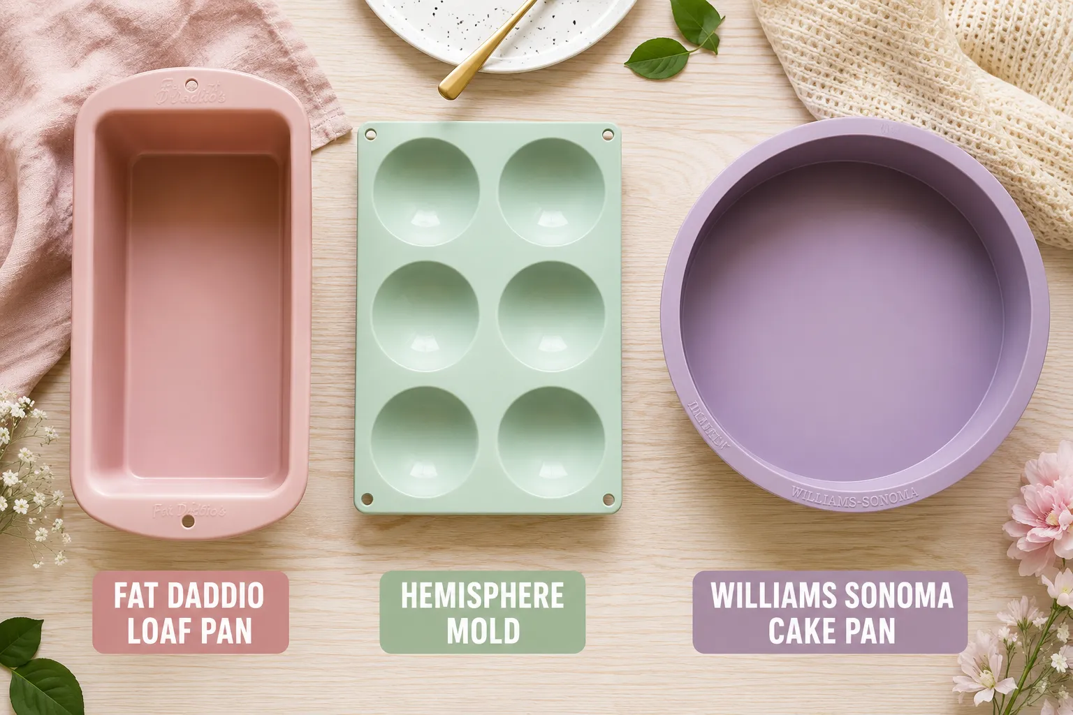 High Quality Silicone Bakeware Bright editorial flat-lay landscape (1536x1024) showing three silicone bakeware products side by side on a pale oak wood surface: a Fat Daddio silicone loaf pan, a hemisphere mold, and a Williams Sonoma silicone cake pan, each labeled with a short 2-word tag in bold sans-serif. Overhead bird's-eye perspective, soft even studio lighting, pastel background accents, clean product photography aesthetic, save-worthy Pinterest composition, no pricing grids or comparison tables.
Is Silicone Bakeware Safe for Baking