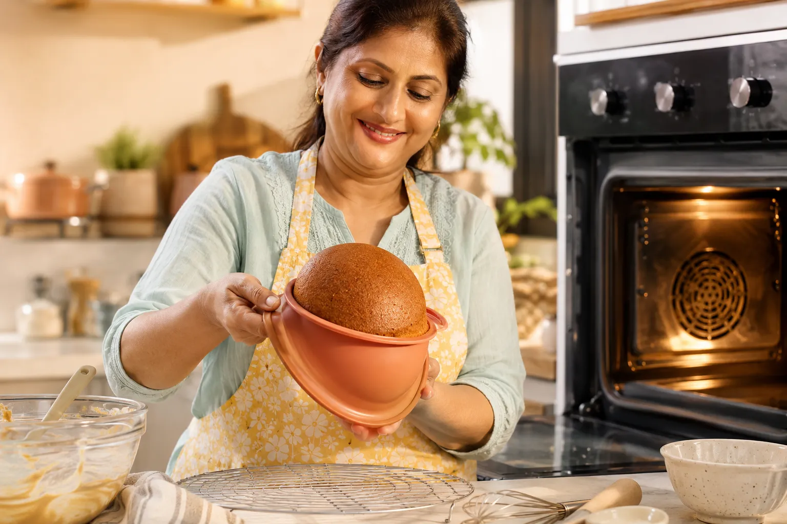 High Quality Silicone Bakeware Symbolic conceptual illustration landscape (1536x1024) depicting a home baker — a middle-aged South Asian woman in a bright kitchen apron — carefully removing a perfectly domed cake from a silicone hemisphere mold, smiling, with a clean oven and baking tools visible in the background. Warm golden-hour kitchen lighting, shallow depth of field, editorial lifestyle photography style, magazine-quality composition, no text overlays, no tables, no pricing grids.
Who Should Use Silicone Bakeware and Who Should Skip It