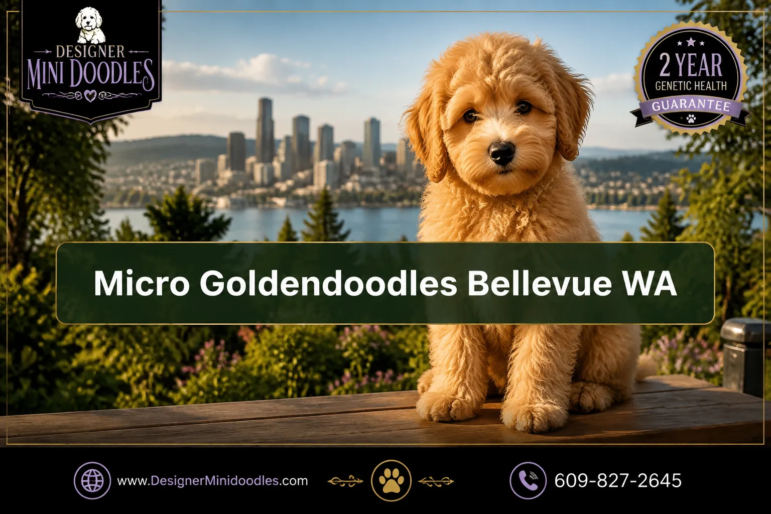 Professional () hero image with (≤42 chars): 'Micro Goldendoodles Bellevue WA' in crisp white on a deep forest-green