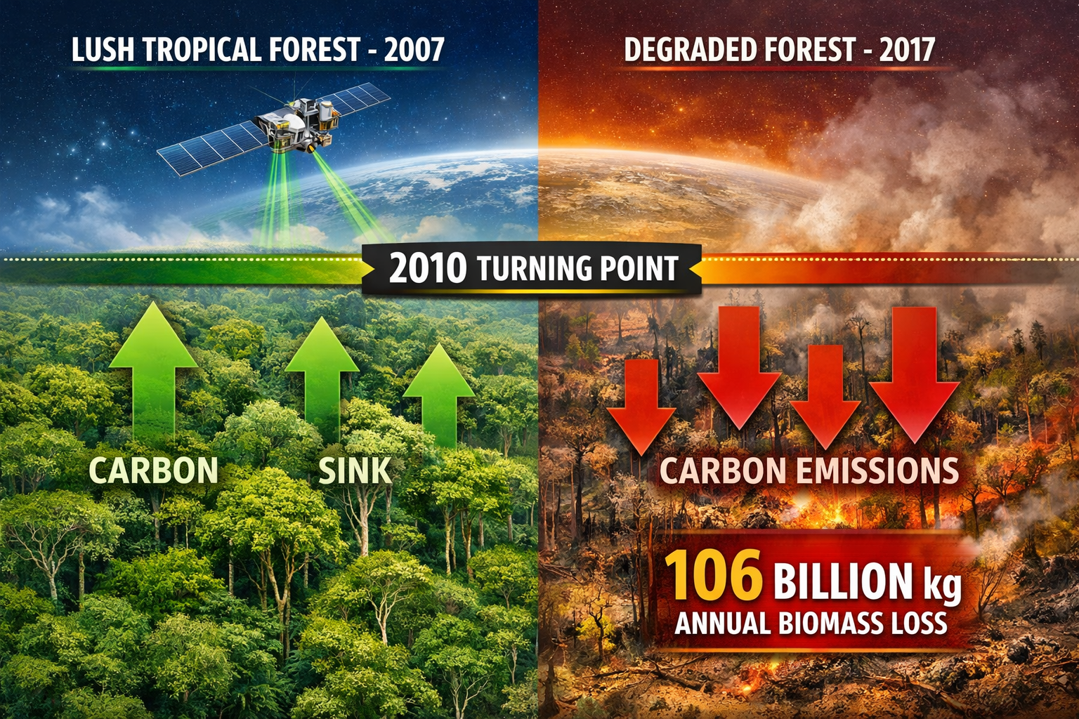 Detailed () scientific visualization showing split-screen comparison: left side depicts lush intact African tropical forest
