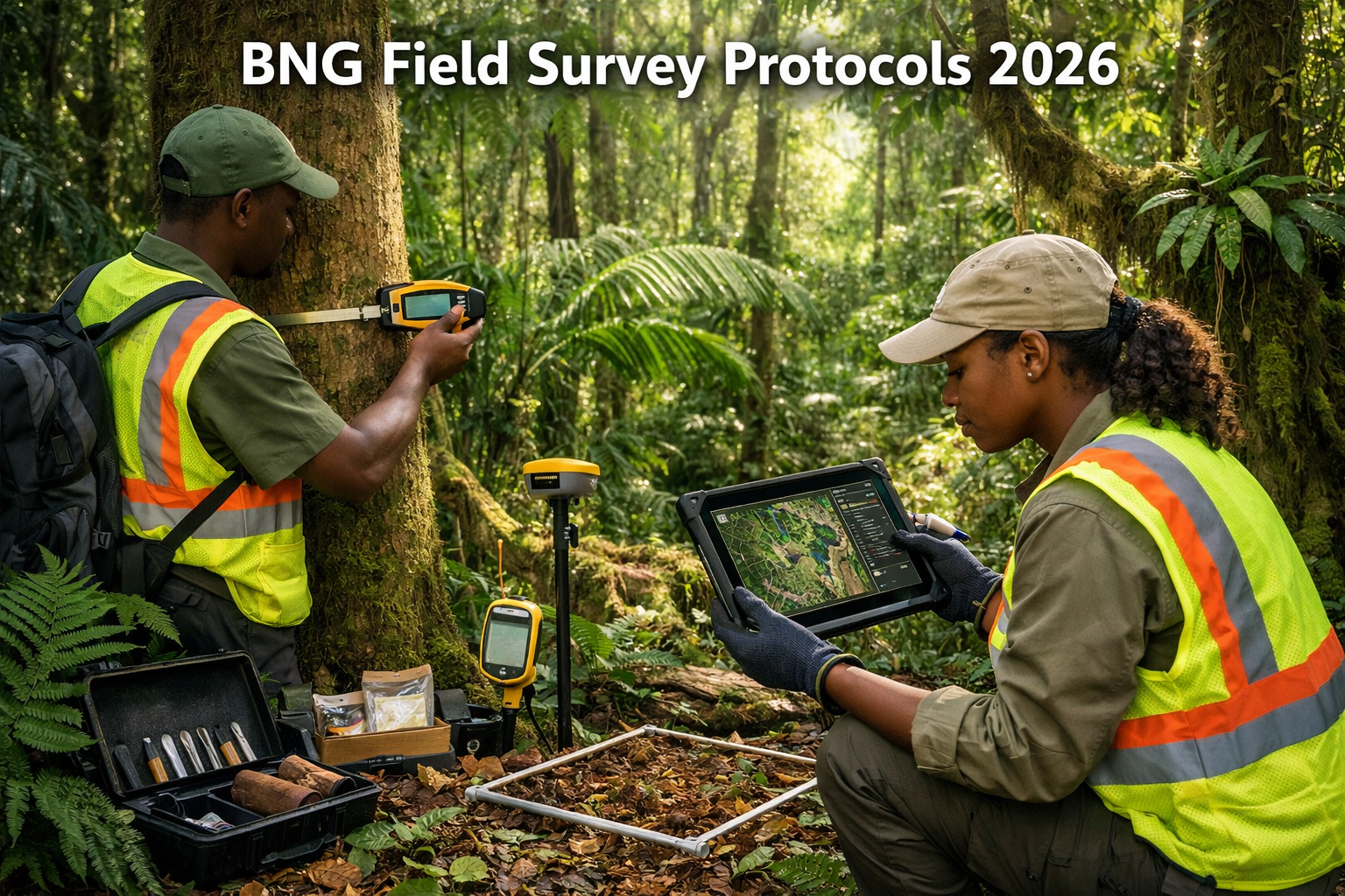 () field ecology scene showing two ecologists in high-visibility vests conducting forest biomass survey in dense African