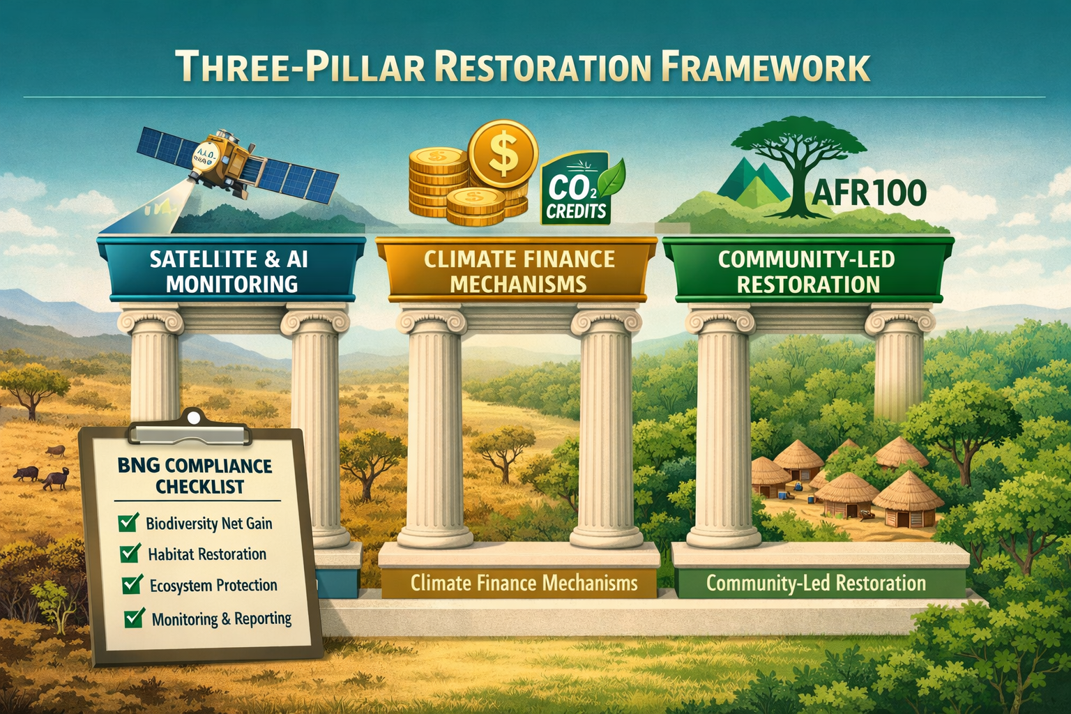 () strategic planning infographic showing three-pillar restoration framework as architectural columns: Column 1 labeled