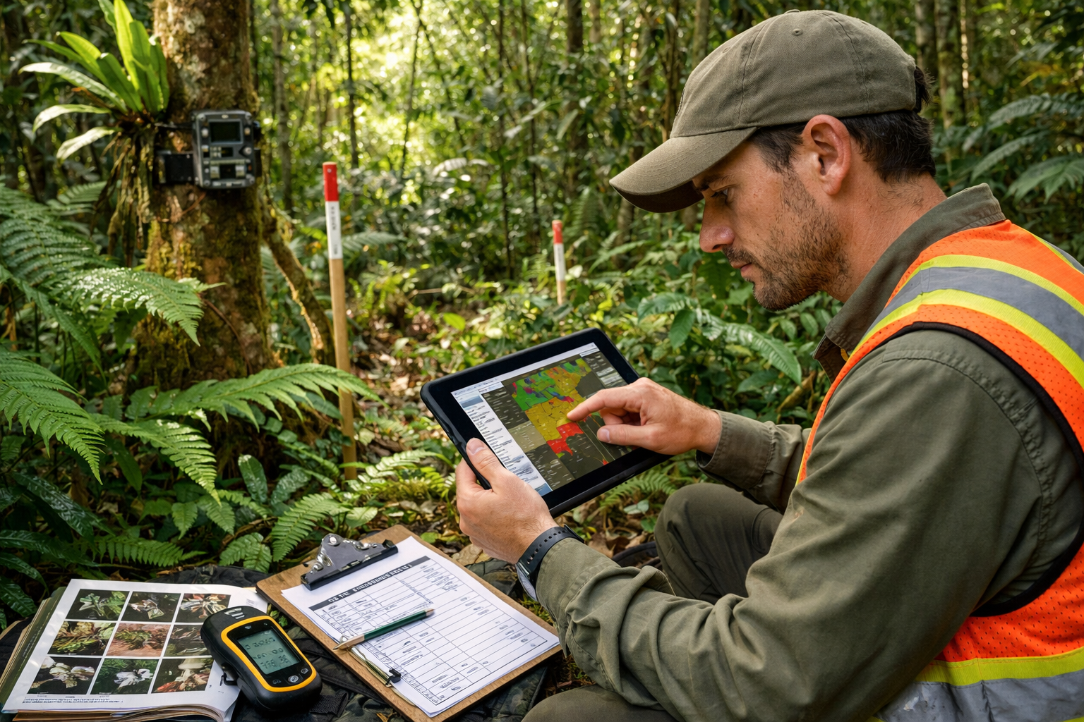 () editorial image showing biodiversity surveyor in field gear conducting tropical forest assessment, wearing safety vest