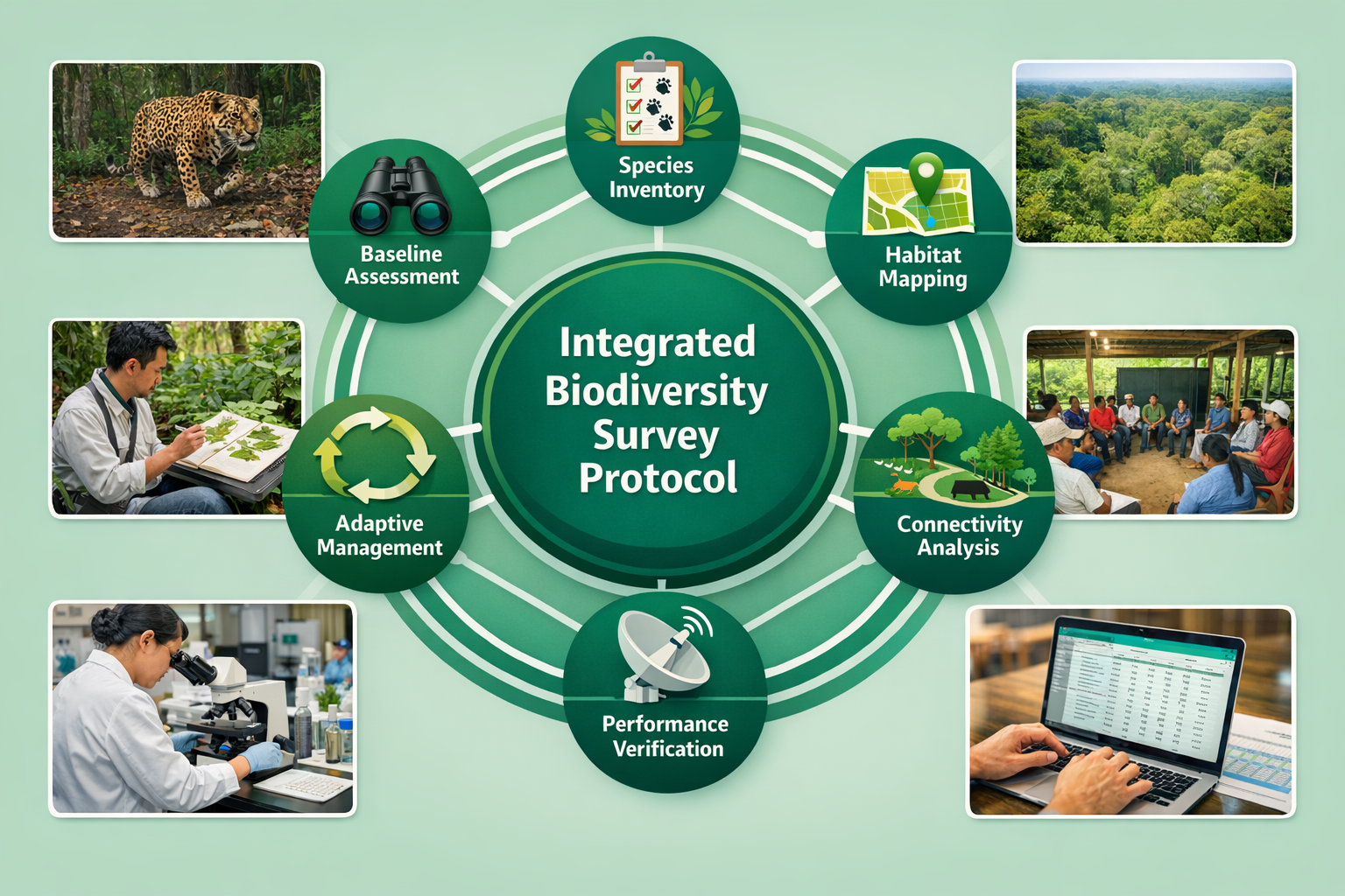 () conceptual illustration showing integrated biodiversity survey protocol workflow for tropical forest monitoring, central