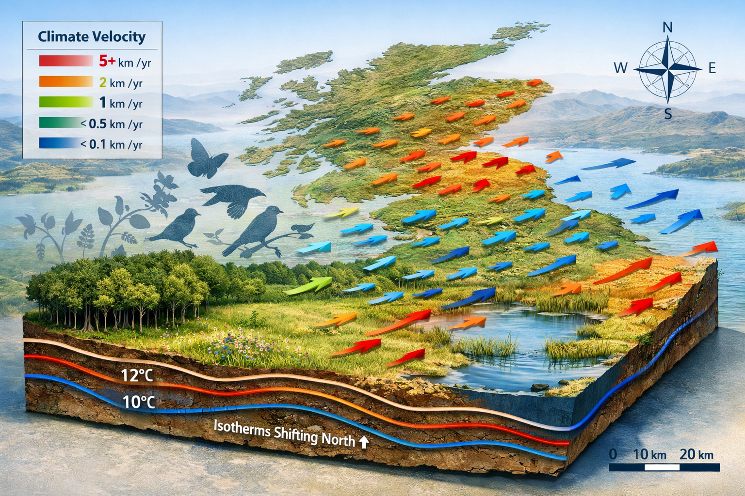 Detailed () illustration showing climate velocity mapping concept with three-dimensional terrain model overlaid with