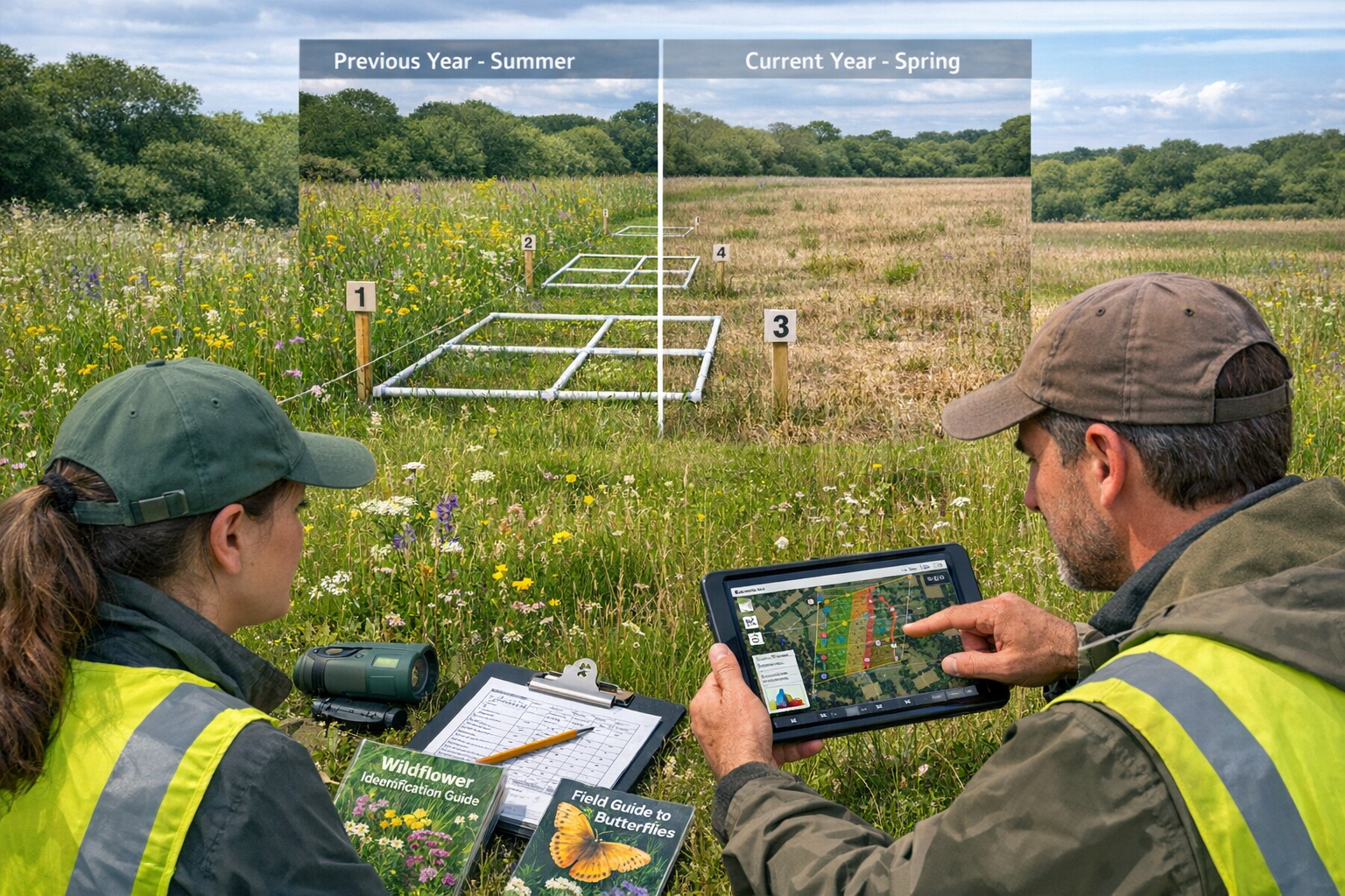 Detailed () photograph-style image of biodiversity surveyor team conducting repeat transect survey in established BNG site,